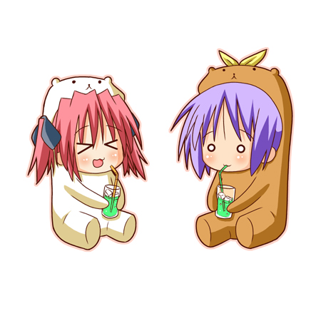 minami (colorful palette), bear tsukasa, bear yutaka, capybara-san, hiiragi tsukasa, kobayakawa yutaka, lucky star, lowres, > <, 00s, 2girls, :3, animal costume, bear costume, chibi, closed eyes, drinking, drinking straw, glass, multiple girls, o o, open mouth, purple hair, red hair, short hair, simple background, sitting, x3