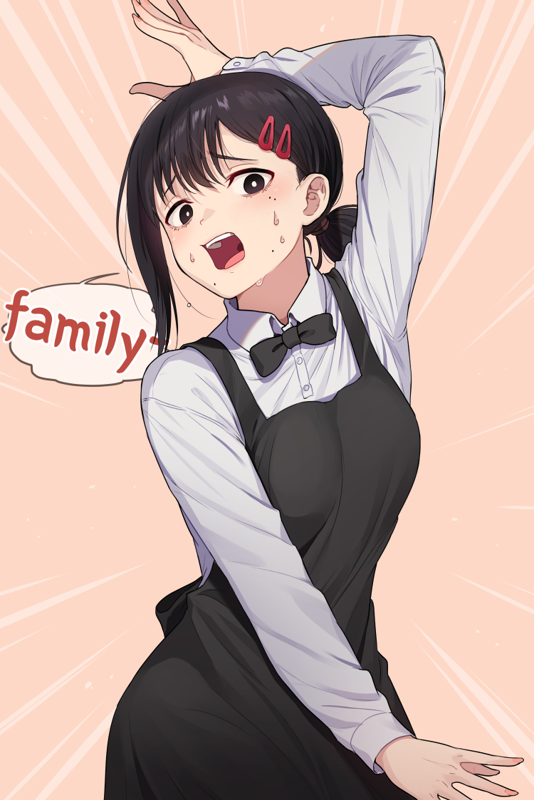 kamille (vcx68), higashiyama kobeni, chainsaw man, commentary, 1girl, :o, apron, black apron, black bow, black bowtie, black eyes, black hair, bow, bowtie, bright pupils, dancing, employee uniform, english text, long sleeves, looking at viewer, mole, mole under eye, mole under mouth, multiple moles, nervous sweating, scene reference, shirt, single sidelock, solo, speech bubble, sweat, white pupils, white shirt