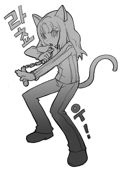 bf. (sogogiching), original, archived source, commentary request, korean commentary, translation request, 1girl, animal ears, cat ears, cat girl, cat tail, dot nose, full body, greyscale, korean text, legs apart, long hair, long sleeves, looking at viewer, monochrome, nunchaku, open mouth, pants, shoes, simple background, standing, straight hair, sweater, tail, weapon, white background