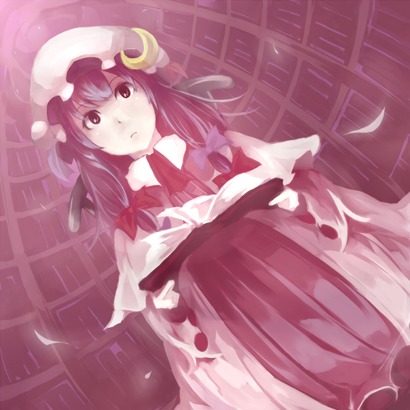 tami (nekoneto), patchouli knowledge, touhou, 1girl, book, bookshelf, bow, crescent, crescent hat ornament, crescent moon, dress, female focus, hair bow, hat, hat ornament, indoors, library, mob cap, moon, open book, reading, ribbon, shelf, sitting, solo, voile