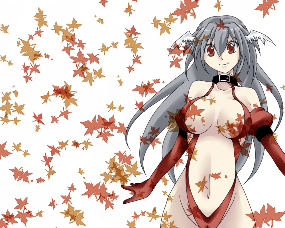 hal (goshujinomocha), hal (haruna), ultima (fft), final fantasy, final fantasy tactics, silver hair, 1girl, breasts, cameltoe, cleavage, elbow gloves, female focus, gloves, head wings, large breasts, leaf, long hair, red eyes, smile, solo, wings