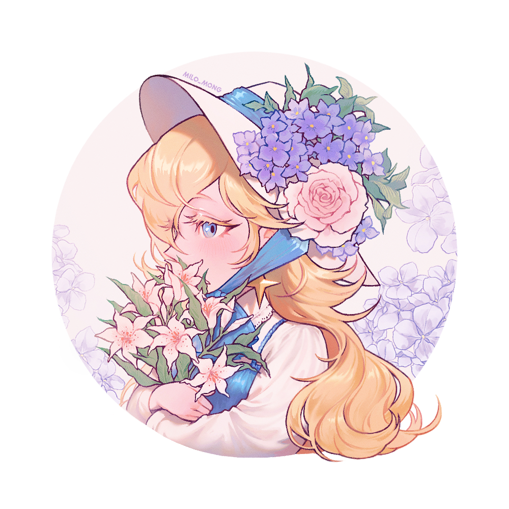 mong (mong milo), rosalina, mario (series), nintendo, super mario galaxy, 1girl, blonde hair, earrings, flower, hair flower, hair ornament, hair over one eye, jewelry, long hair, solo, white background
