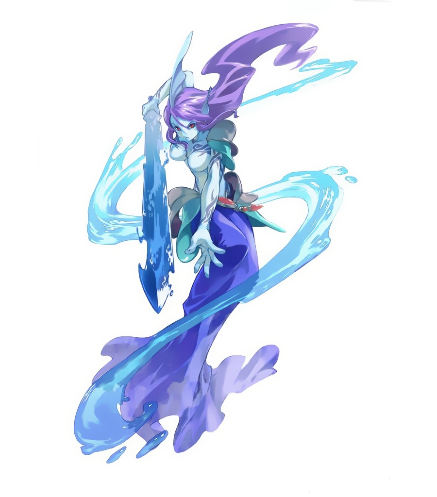 undine, undine (tales), undine (tales of symphonia), tales of (series), tales of symphonia, official art, 00s, 1girl, blue skin, blue theme, breasts, colored skin, female focus, fins, head fins, huge breasts, long hair, no nipples, purple hair, red eyes, solo, sword, tattoo, topless female, water, weapon