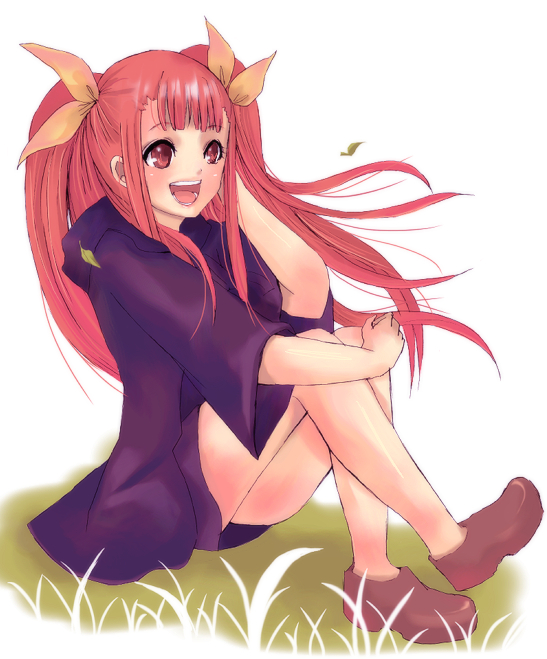 masaki (celesta), anya cocolova, mahou sensei negima!, 00s, 1girl, :d, faux figurine, female focus, floating hair, grass, knees up, loafers, long hair, open mouth, plant, red eyes, red hair, shoes, simple background, sitting, smile, solo, twintails, very long hair, white background, wind
