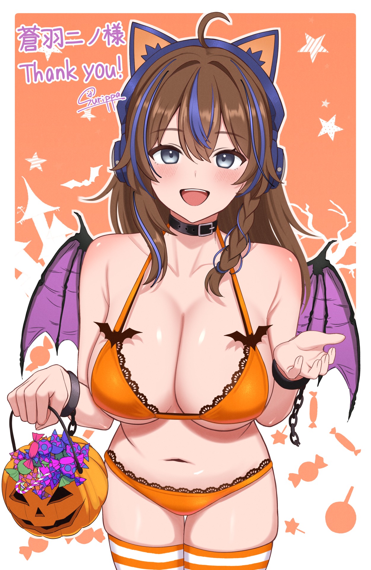 surippa1010, original, vrchat, commentary request, commission, highres, skeb commission, 1girl, ahoge, animal ear headphones, animal ears, armpit crease, bare shoulders, basket, bat wings, belt buckle, bikini, black choker, blue hair, braid, breasts, brown hair, buckle, candy, cat ear headphones, cat ears, chain, choker, cleavage, collarbone, cowboy shot, cuffs, fake animal ears, food, grey eyes, halloween bucket, halterneck, handcuffs, headphones, holding, holding basket, lace, lace-trimmed bikini, lace trim, large breasts, long hair, looking at viewer, multicolored hair, navel, open mouth, orange bikini, skindentation, smile, solo, stomach, streaked hair, string bikini, striped clothes, striped thighhighs, swimsuit, thigh gap, thighhighs, thighs, wings