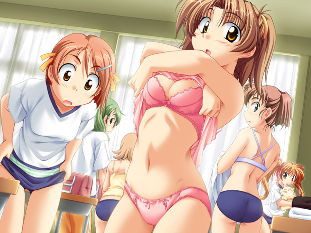 takeya masami, arai hiromi, nishimoto yuuki, nonomiya nodoka, suzuki keiko, tateyama kazuko, princess waltz, game cg, 6+girls, :o, blush, bra, brown hair, classroom, everyone, indoors, lingerie, multiple girls, navel, open mouth, panties, pink panties, ribbon, school, school uniform, short hair, surprised, twintails, underwear, undressing