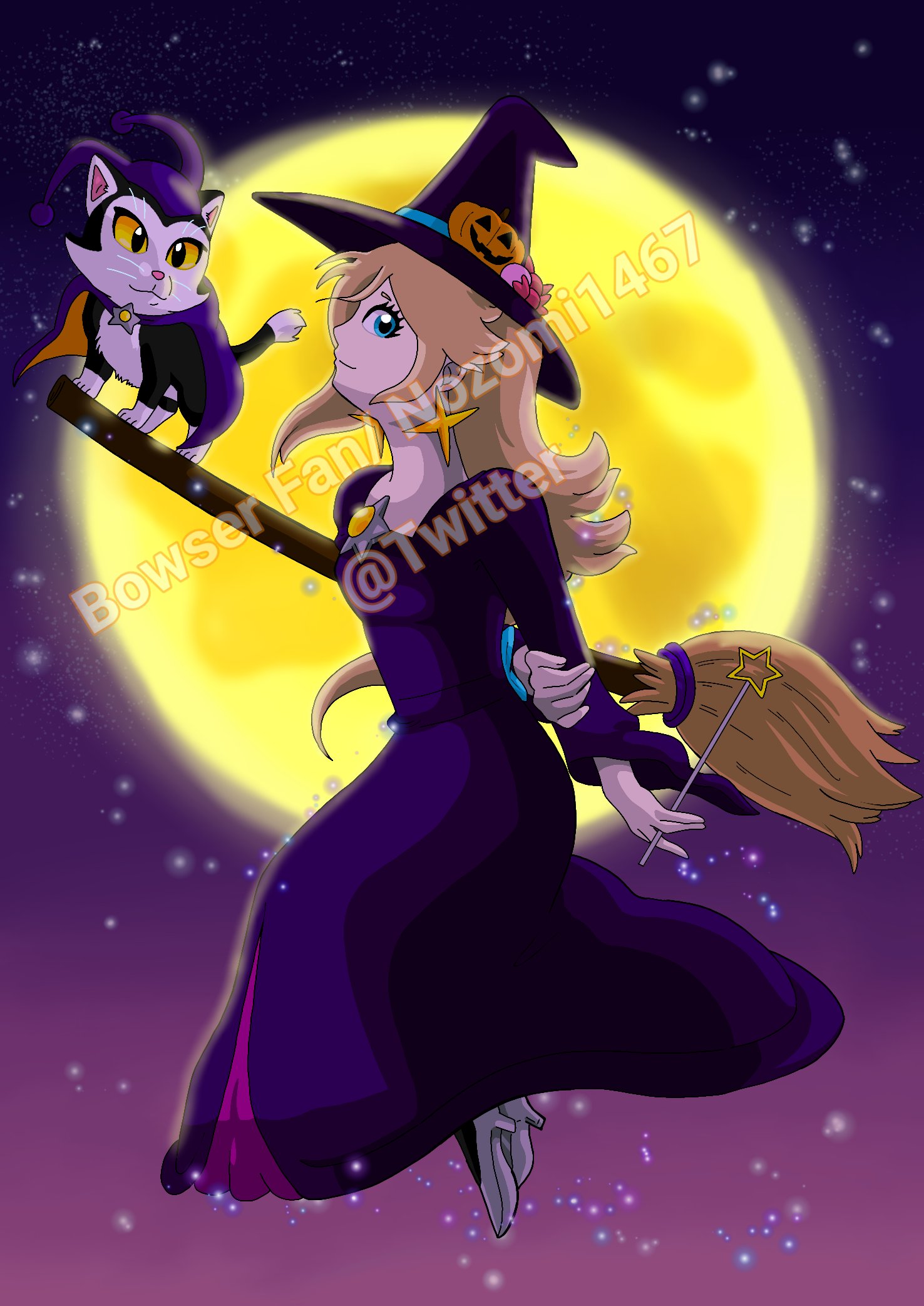 rosalina, rosalina (halloween), mario (series), mario kart, mario kart tour, nintendo, super mario galaxy, highres, blonde hair, broom, broom riding, cat, dress, earrings, full moon, hat, jewelry, long hair, moon, night, purple dress, star (sky), star (symbol), witch, witch hat