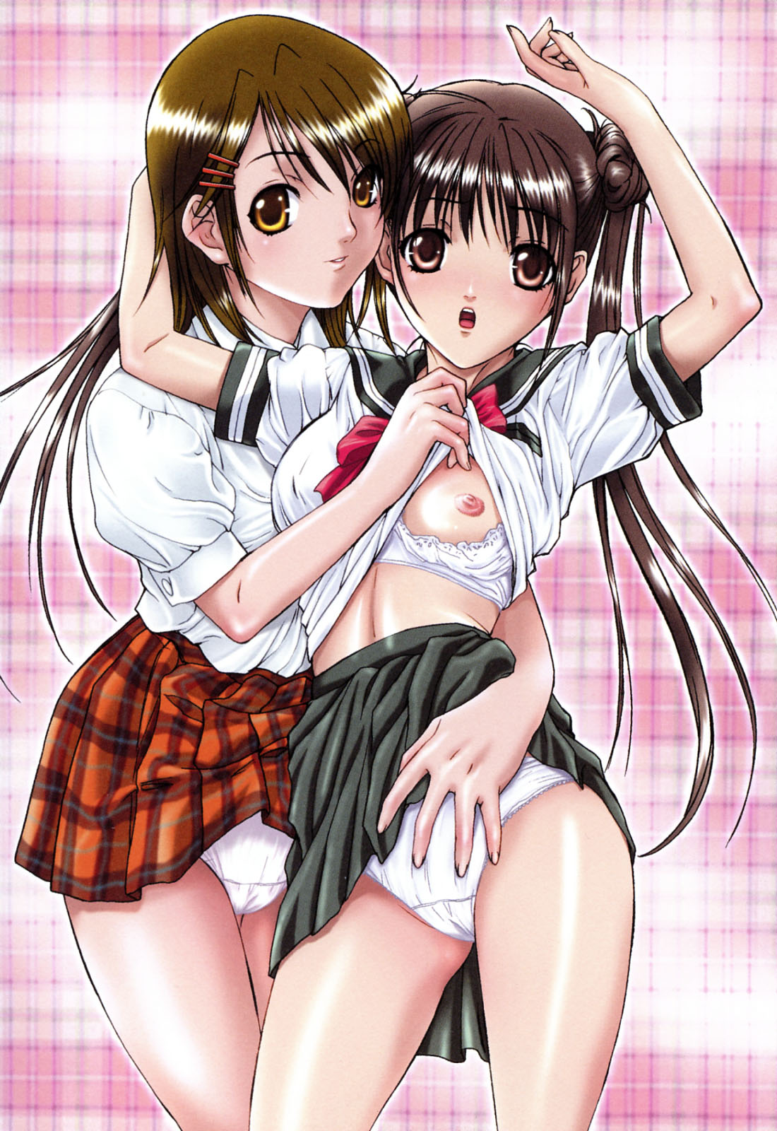 nanno koto, original, highres, 2girls, blush, bra, breast slip, breasts, brown eyes, brown hair, clothes lift, hair ornament, hairclip, lingerie, long hair, multiple girls, nipples, panties, school uniform, shirt lift, skirt, small breasts, twintails, underwear, white panties, yuri