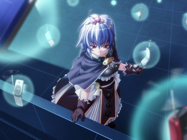 takeya masami, liesel hansel, princess waltz, game cg, 1girl, ahoge, armor, blue hair, cape, cellphone, female focus, gloves, jewelry, night, phone, red eyes, solo