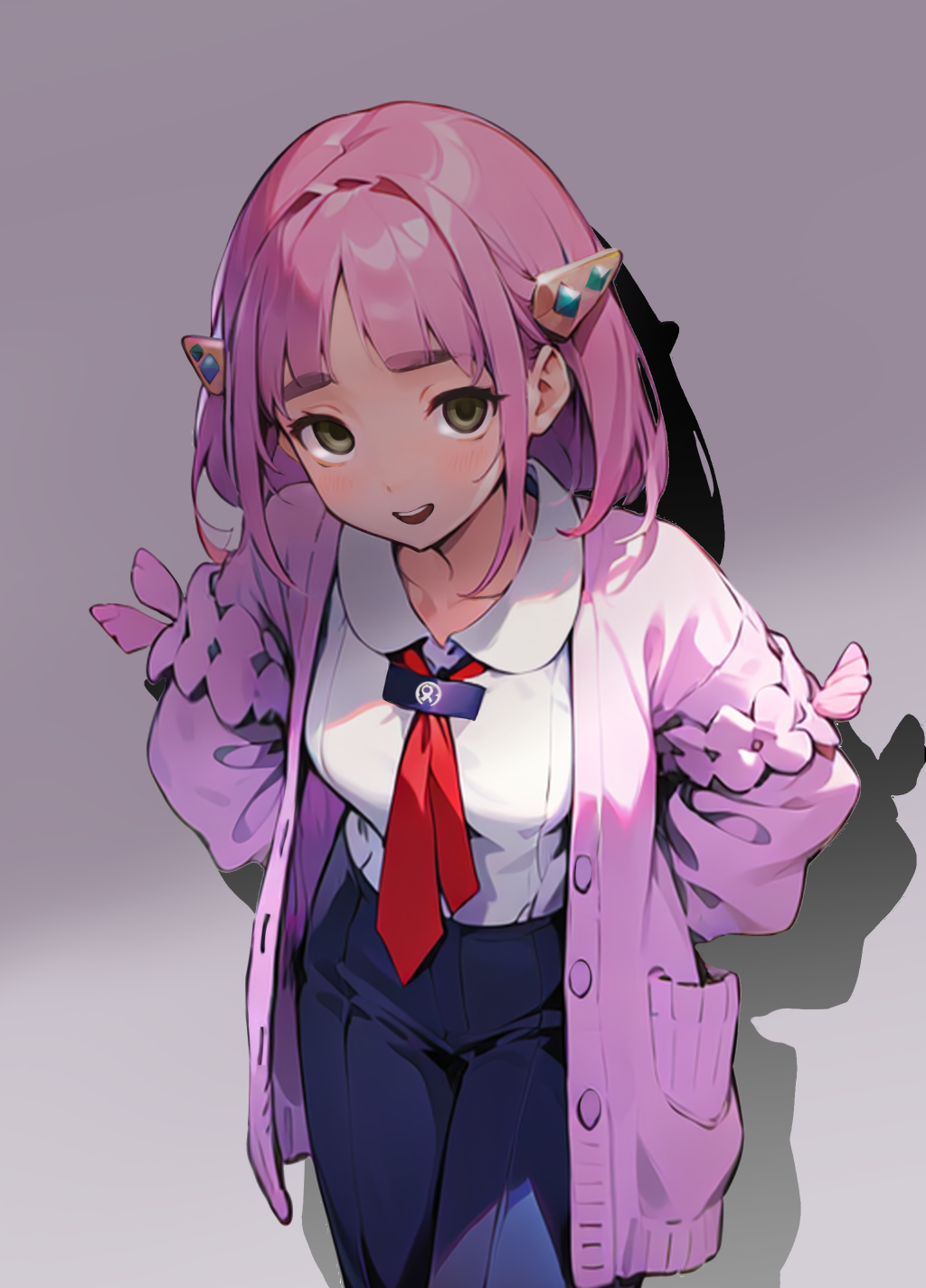hiraji, lacey (pokemon), nintendo, pokemon, pokemon sv, highres, 1girl, :d, against wall, alternate breast size (larger), blue pants, breasts, collared shirt, gradient background, grey background, hair ornament, jacket, looking at viewer, medium hair, necktie, open clothes, open jacket, open mouth, pants, pink hair, pink jacket, red necktie, shadow, shirt, shirt tucked in, smile, solo, thick eyebrows, white shirt, yellow eyes