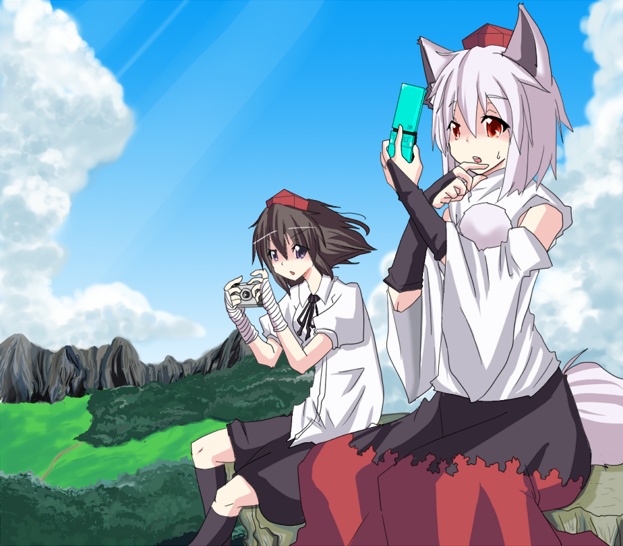 suna (sunaipu), sunaipu, inubashiri momiji, shameimaru aya, touhou, silver hair, 2girls, animal ears, black hair, camera, cellphone, female focus, hat, multiple girls, phone, tail, tokin hat, wolf ears, wolf tail