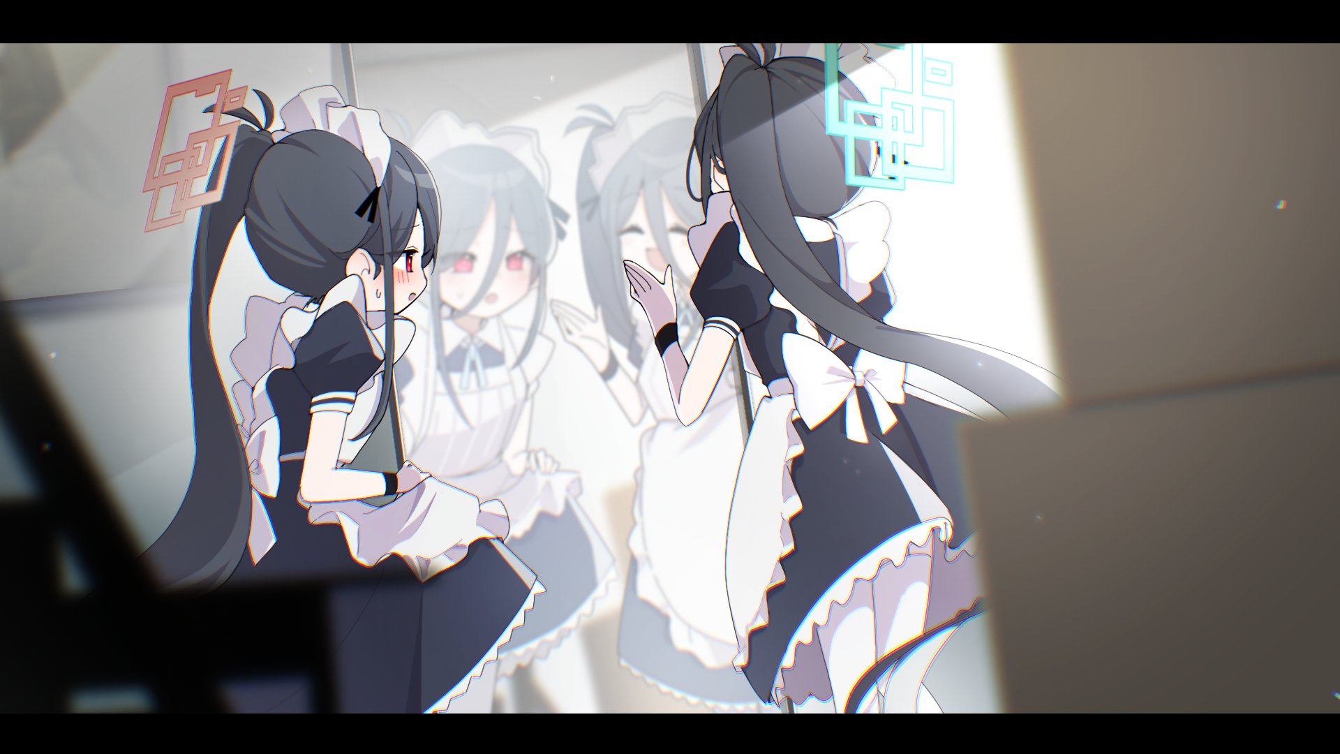 shibumenigai, aris (blue archive), aris (maid) (blue archive), kei (blue archive), blue archive, commentary request, highres, jpeg artifacts, 2girls, :d, ^ ^, apron, apron hold, aqua halo, aqua ribbon, back bow, black dress, black hair, black wrist cuffs, blurry, blurry background, blush, bow, chromatic aberration, closed eyes, collared dress, dress, frilled apron, frilled dress, frills, from behind, garter straps, halo, hands up, happy, high side ponytail, letterboxed, long hair, looking at mirror, maid, maid apron, mirror, multiple girls, neck ribbon, official alternate costume, open mouth, ponytail, profile, puffy short sleeves, puffy sleeves, rectangular halo, red eyes, red halo, reflection, ribbon, short sleeves, skirt hold, smile, sweatdrop, thighhighs, very long hair, white apron, white bow, white thighhighs, wrist cuffs