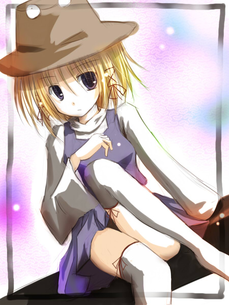 mashayuki, moriya suwako, touhou, 1girl, blonde hair, female focus, gradient background, hat, purple eyes, skirt, solo, thighhighs, white background