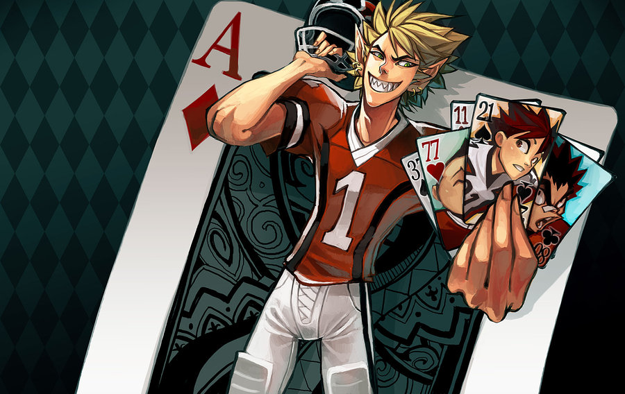 hiruma youichi, kobayakawa sena, kurita ryokan, raimon tarou, eyeshield 21, 00s, 1boy, american football, american football helmet, american football uniform, bandaid, black hair, blonde hair, brown eyes, brown hair, card, card background, clothes writing, earrings, fayrenpickpocket, green eyes, grin, helmet, holding, holding card, jewelry, male focus, pointy ears, sharp teeth, smile, solo, spiked hair, sportswear, teeth