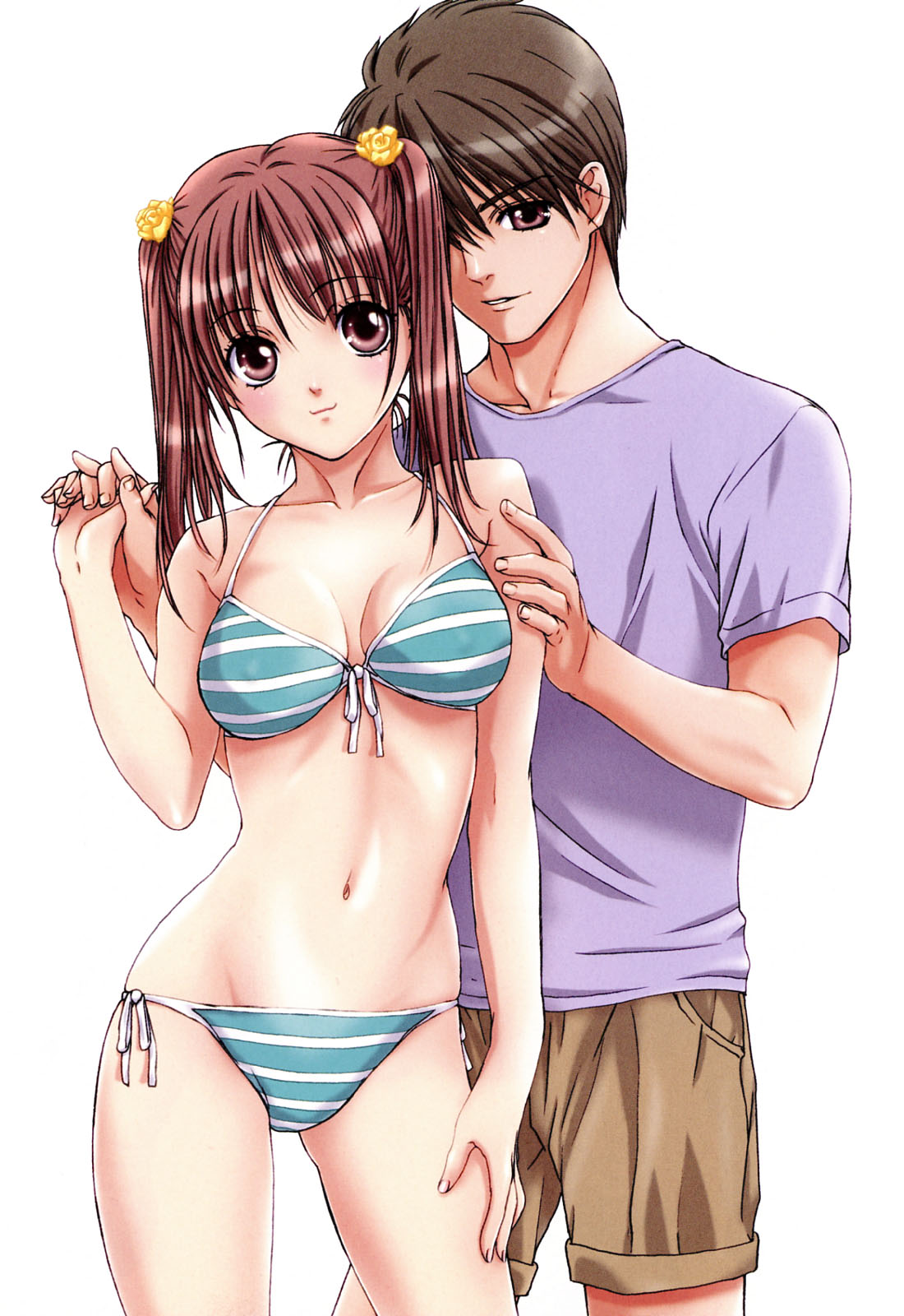 nanno koto, original, highres, 1boy, 1girl, :3, bikini, blush, breasts, brown eyes, brown hair, couple, flower, hair flower, hair ornament, hetero, holding hands, large breasts, long hair, pink eyes, pink hair, side-tie bikini bottom, smile, striped bikini, striped clothes, swimsuit, twintails