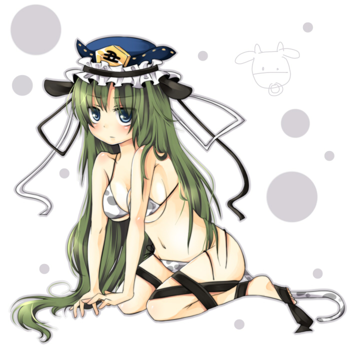 umi (umi02), shiki eiki, touhou, umi, 1girl, alternate hairstyle, animal ears, barefoot, bikini, blue eyes, breasts, cow ears, cow girl, cow tail, female focus, full body, green hair, hat, long hair, solo, swimsuit, tail, very long hair, wardrobe malfunction, white background, white bikini
