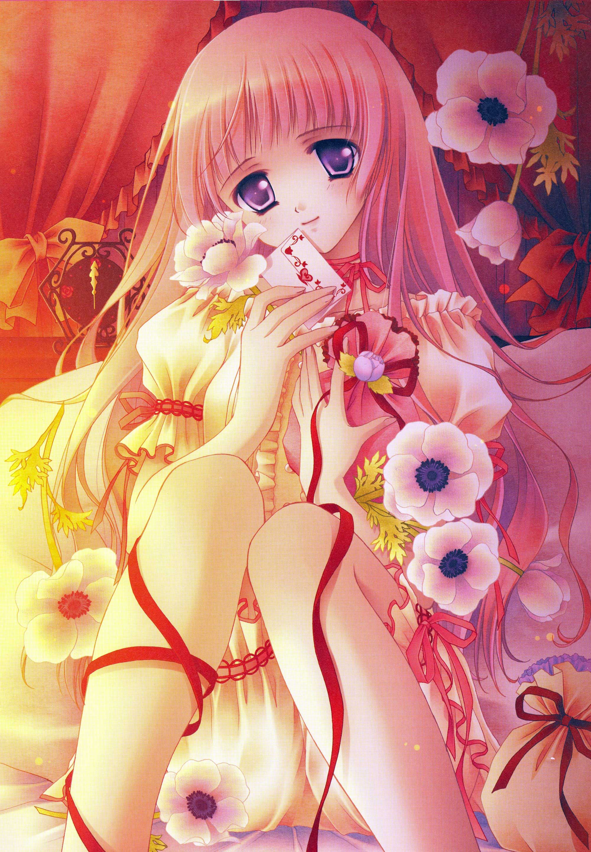 nishiwaki yuuri, absurdres, highres, scan, 1girl, bag, bed, blonde hair, blush, bow, clock, curtains, dress, envelope, female focus, flower, head tilt, heart, holding, indoors, knees together feet apart, letter, long hair, looking at viewer, love letter, neck ribbon, pink hair, puffy sleeves, purple eyes, ribbon, sack, short sleeves, sitting, smile, solo, yellow dress