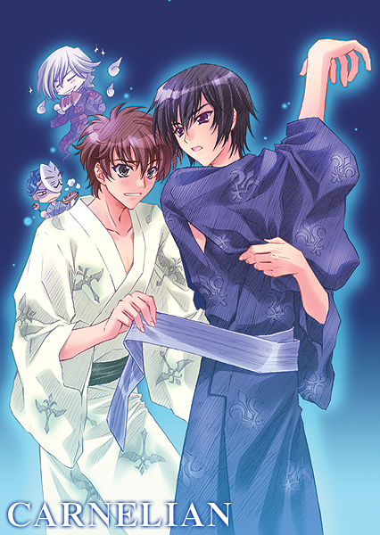 carnelian, clovis la britannia, jeremiah gottwald, kururugi suzaku, lelouch vi britannia, code geass, 00s, 4boys, black hair, blonde hair, blue hair, brown hair, chibi, floating, green eyes, hitodama, japanese clothes, kimono, male focus, multiple boys, purple eyes, short hair, yukata