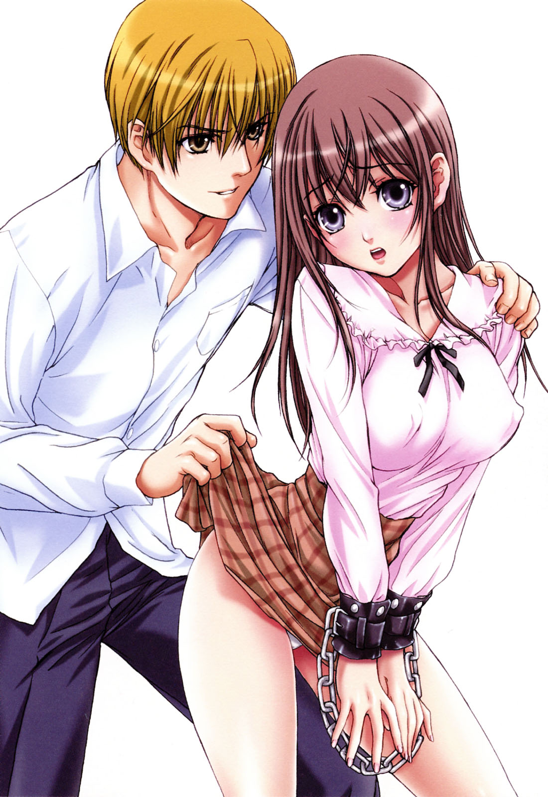 nanno koto, original, highres, 1boy, 1girl, assisted exposure, bdsm, blonde hair, blouse, blush, bondage, bound, brown eyes, brown hair, chain, clothes lift, couple, cuffs, hetero, long hair, miniskirt, panties, pink hair, plaid clothes, plaid skirt, purple eyes, shirt, skirt, skirt lift, underwear, upskirt, white panties