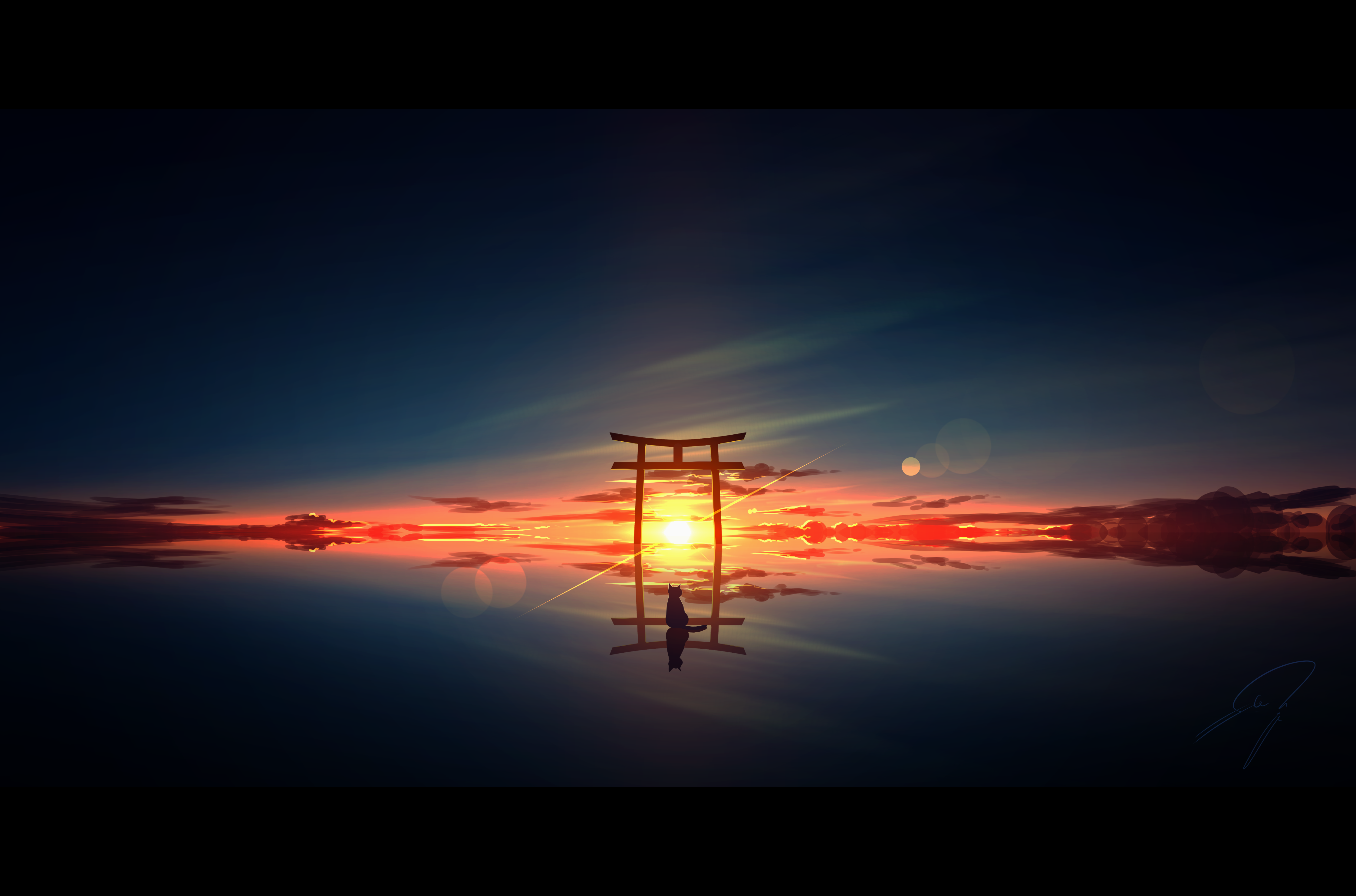 nengoro, original, absurdres, commentary request, highres, black sky, cat, lens flare, letterboxed, no humans, orange clouds, outdoors, reflection, scenery, signature, sky, sky focus, sun, sunset, torii