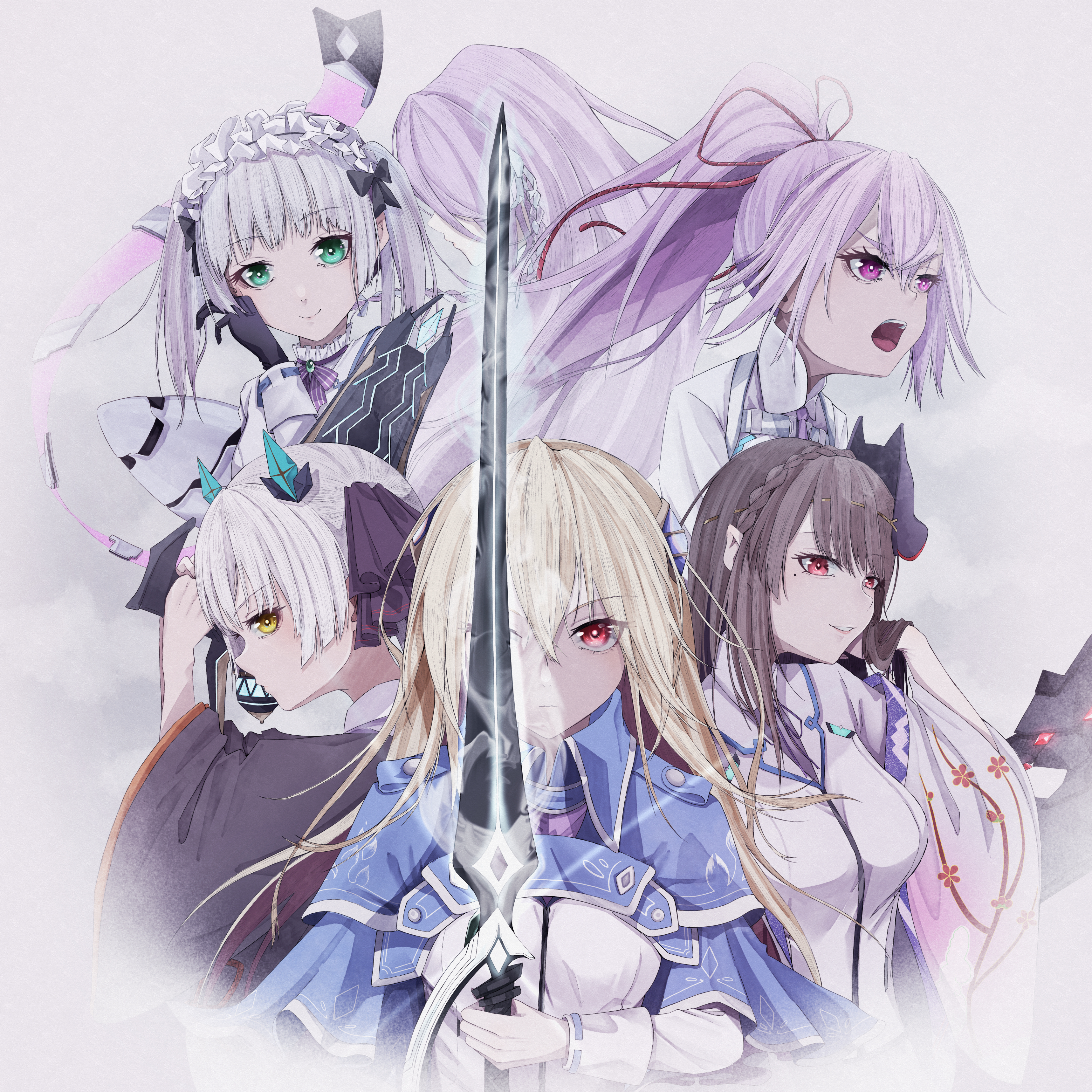 kalin note, kiryuu miya, kura satomi, ogasawara hisame, shirakawa yuina, tsukishiro monaka, heaven burns red, absurdres, highres, 6+girls, black gloves, black hair, black kimono, blonde hair, blue capelet, blunt bangs, bow, braid, breasts, brown hair, capelet, closed mouth, collared shirt, crown braid, expressionless, floral print, fox mask, frilled hairband, frills, gloves, green eyes, grey hair, hair between eyes, hair bow, hair ribbon, hairband, half gloves, hand up, haori, high ponytail, holding, holding sword, holding weapon, horns, jacket, japanese clothes, kimono, large breasts, long hair, long sleeves, looking at viewer, maid headdress, mask, mask on head, mole, mole under eye, multiple girls, neck ribbon, necktie, oni mask, open mouth, pink eyes, pink hair, ponytail, purple bow, purple eyes, purple hair, purple necktie, purple ribbon, red eyes, red ribbon, ribbon, serious, shirt, side braid, sidelocks, smile, straight hair, sugawara chie, sword, teeth, twintails, upper body, v-shaped eyebrows, very long hair, weapon, white hair, white kimono, white shirt, wide sleeves, yellow eyes