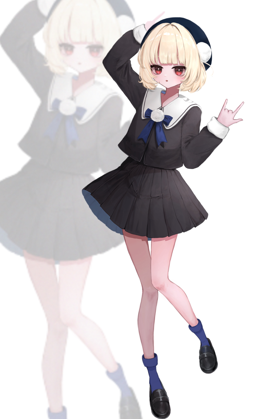 ui (voisona), voisona, commentary, highres, korean commentary, 1girl, m/, alternate hair color, arm up, beret, black hat, black jacket, black shoes, black skirt, blonde hair, blue bow, blue bowtie, blue socks, blunt bangs, bow, bowtie, expressionless, hair ornament, hat, jacket, loafers, long sleeves, looking at viewer, miniskirt, parted lips, pleated skirt, pom pom (clothes), pom pom hair ornament, red eyes, sailor collar, shoes, short hair, simple background, skirt, sleeve cuffs, socks, solo, white background, white sailor collar, yuki (pixiv117792075), zoom layer