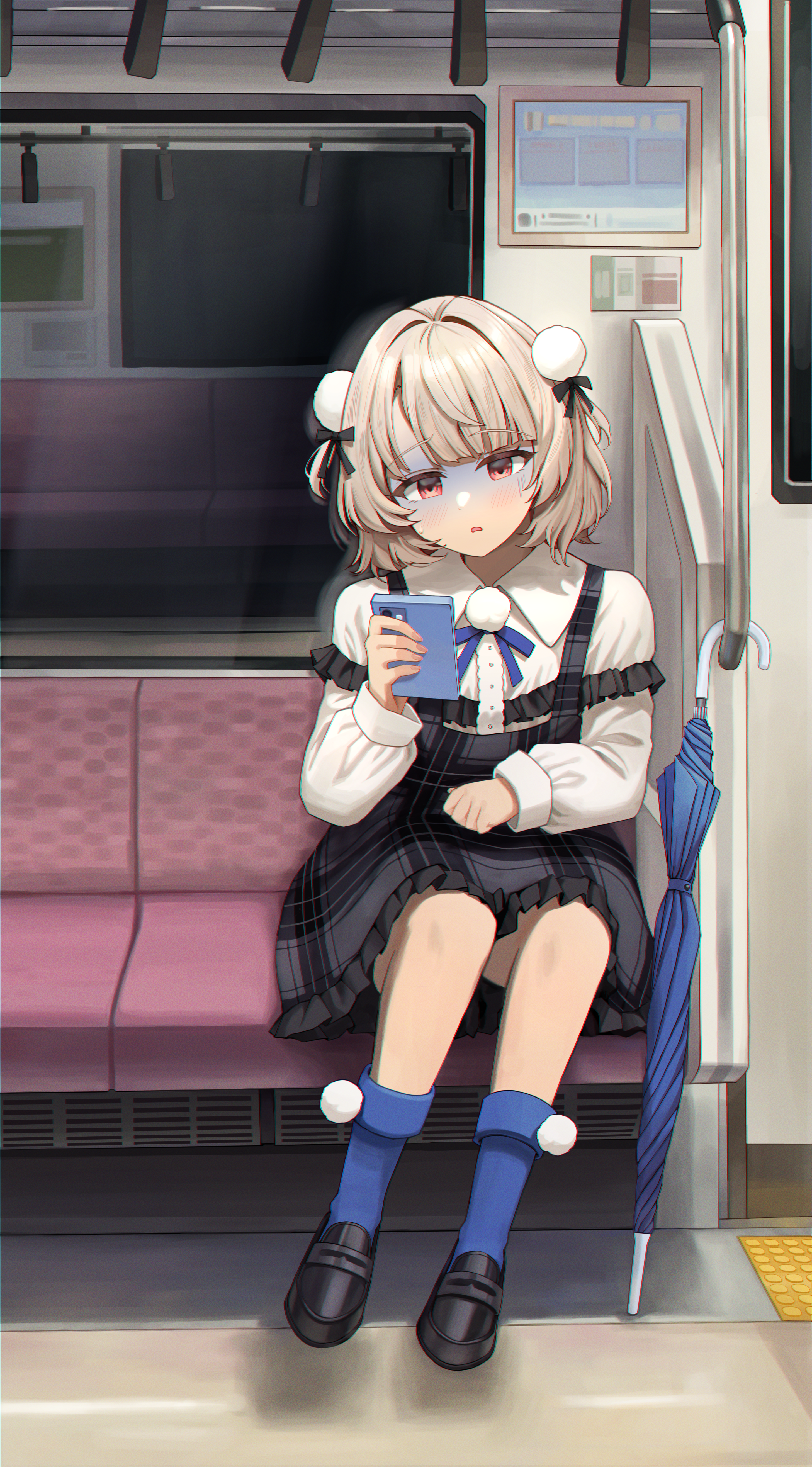 khan 0204, ui (voisona), voisona, absurdres, commentary, highres, 1girl, black shoes, blue bow, blue bowtie, blue socks, blunt bangs, bow, bowtie, brown hair, cellphone, center frills, collared shirt, dress, film grain, frilled dress, frills, full body, gloom (expression), grey dress, hair ornament, holding, holding phone, loafers, long sleeves, looking at phone, medium hair, phone, pinstripe dress, pinstripe pattern, plaid clothes, plaid dress, pom pom (clothes), pom pom hair ornament, red eyes, shirt, shoes, sitting, smartphone, socks, solo, train interior, two side up, umbrella, white shirt