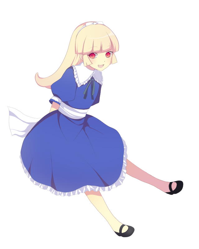 harano, alice (megami tensei), atlus, persona, shin megami tensei, blonde hair, dress, hairband, headband, mary janes, red eyes, shoes, sitting, smile, solo
