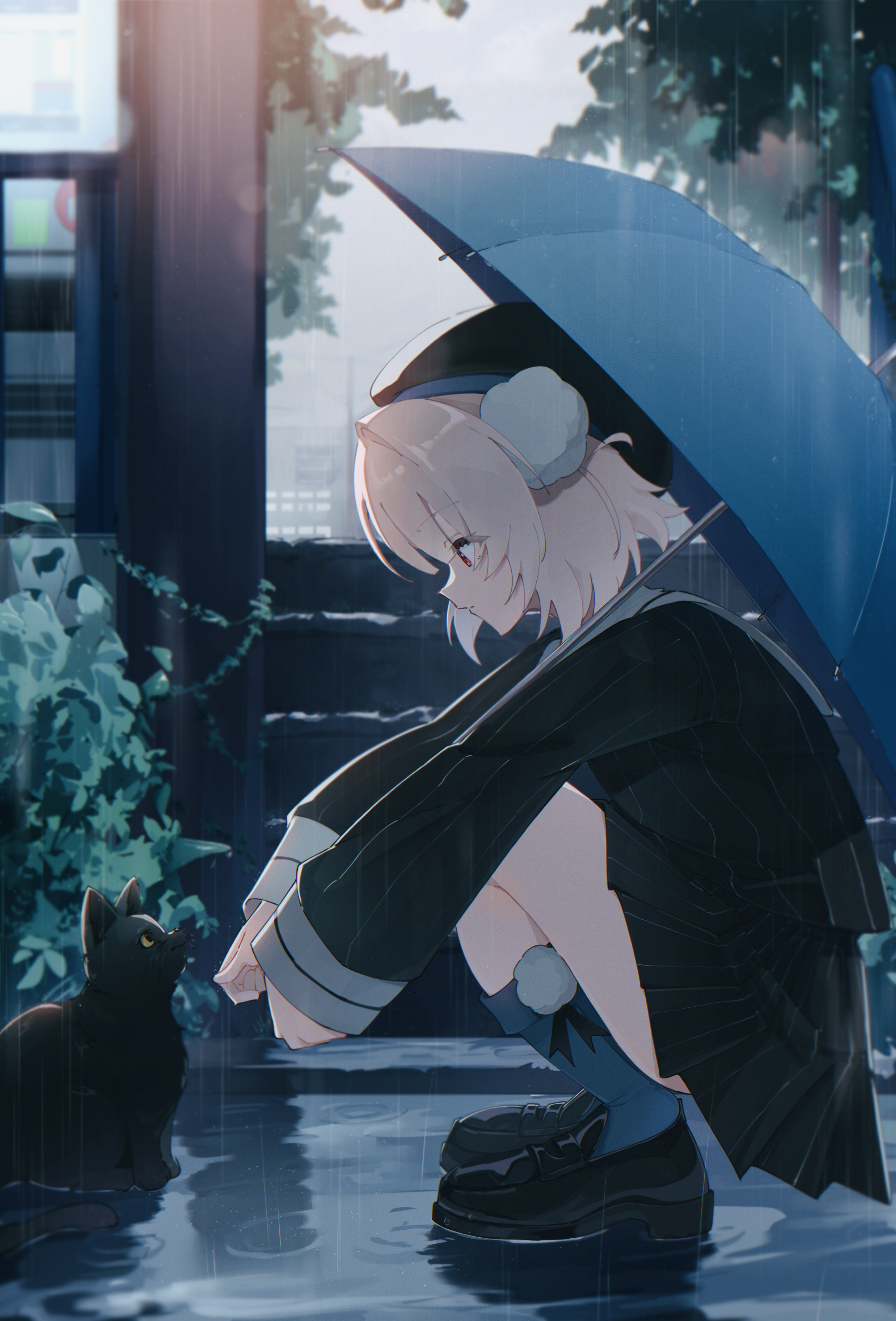 mocchan (mo chan0225), azki (hololive), azki (yurufuwa casual) (hololive), ui (voisona), voisona, absurdres, highres, 1girl, beret, black hat, black jacket, black shoes, black skirt, blue socks, from side, full body, grey hair, hair ornament, hat, holding, holding umbrella, jacket, kneehighs, loafers, long sleeves, looking at animal, miniskirt, outdoors, pinstripe jacket, pinstripe pattern, pinstripe skirt, pleated skirt, pom pom (clothes), pom pom hair ornament, profile, puddle, rain, red eyes, reflection, sailor collar, shoes, short hair, skirt, sleeve cuffs, socks, solo, umbrella, white sailor collar, wrist cuffs