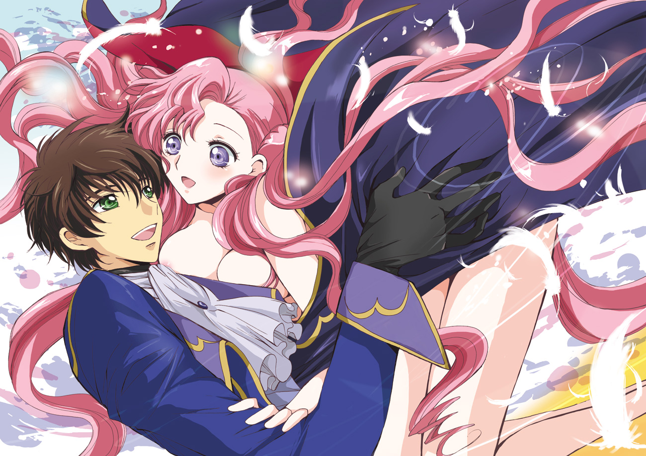 akina tsukako, euphemia li britannia, kururugi suzaku, code geass, bad id, bad pixiv id, 00s, 1boy, 1girl, breasts, brown hair, cape, cleavage, donut hair bun, gloves, green eyes, hair bun, large breasts, long hair, nipples, pink hair, purple eyes, short hair