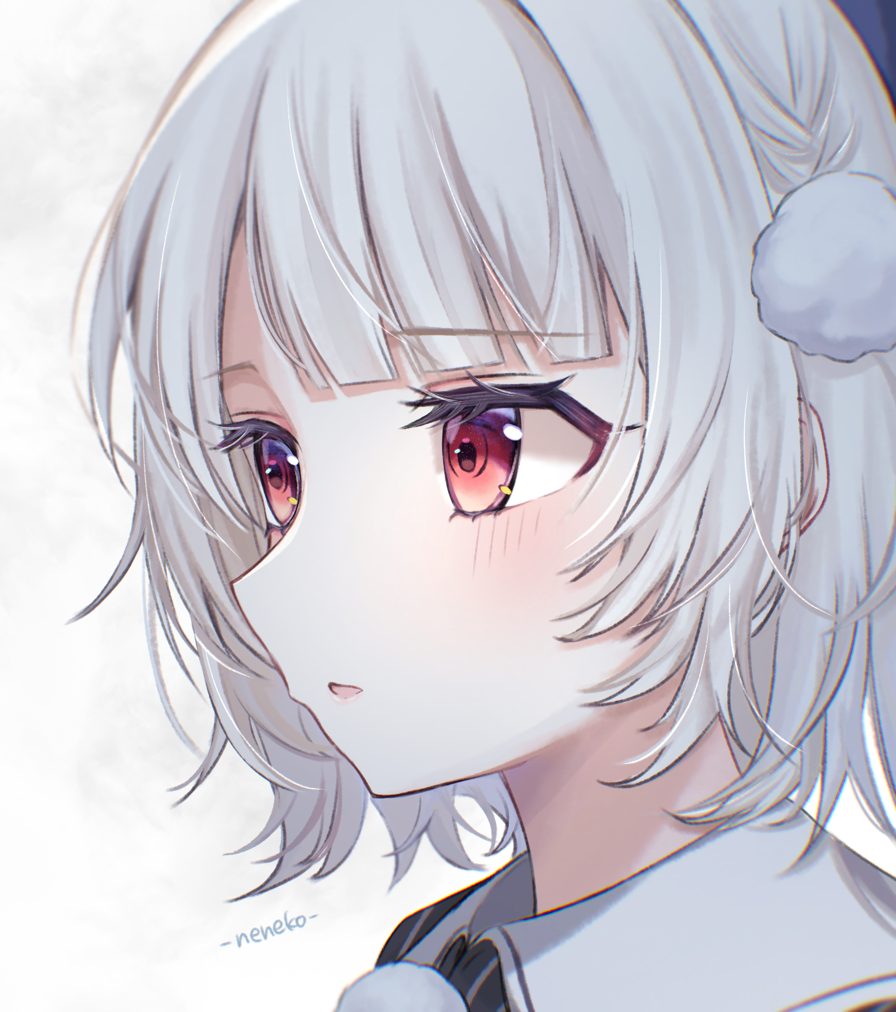 ui (voisona), voisona, absurdres, commentary request, highres, 1girl, artist name, beret, black hat, black jacket, blunt bangs, blush, embarrassed, grey hair, hair behind ear, hair ornament, hat, jacket, long sleeves, looking afar, looking ahead, neneko nekolove, pinstripe jacket, pinstripe pattern, pom pom (clothes), pom pom hair ornament, red eyes, sailor collar, short hair, signature, sleeve cuffs, solo, white sailor collar