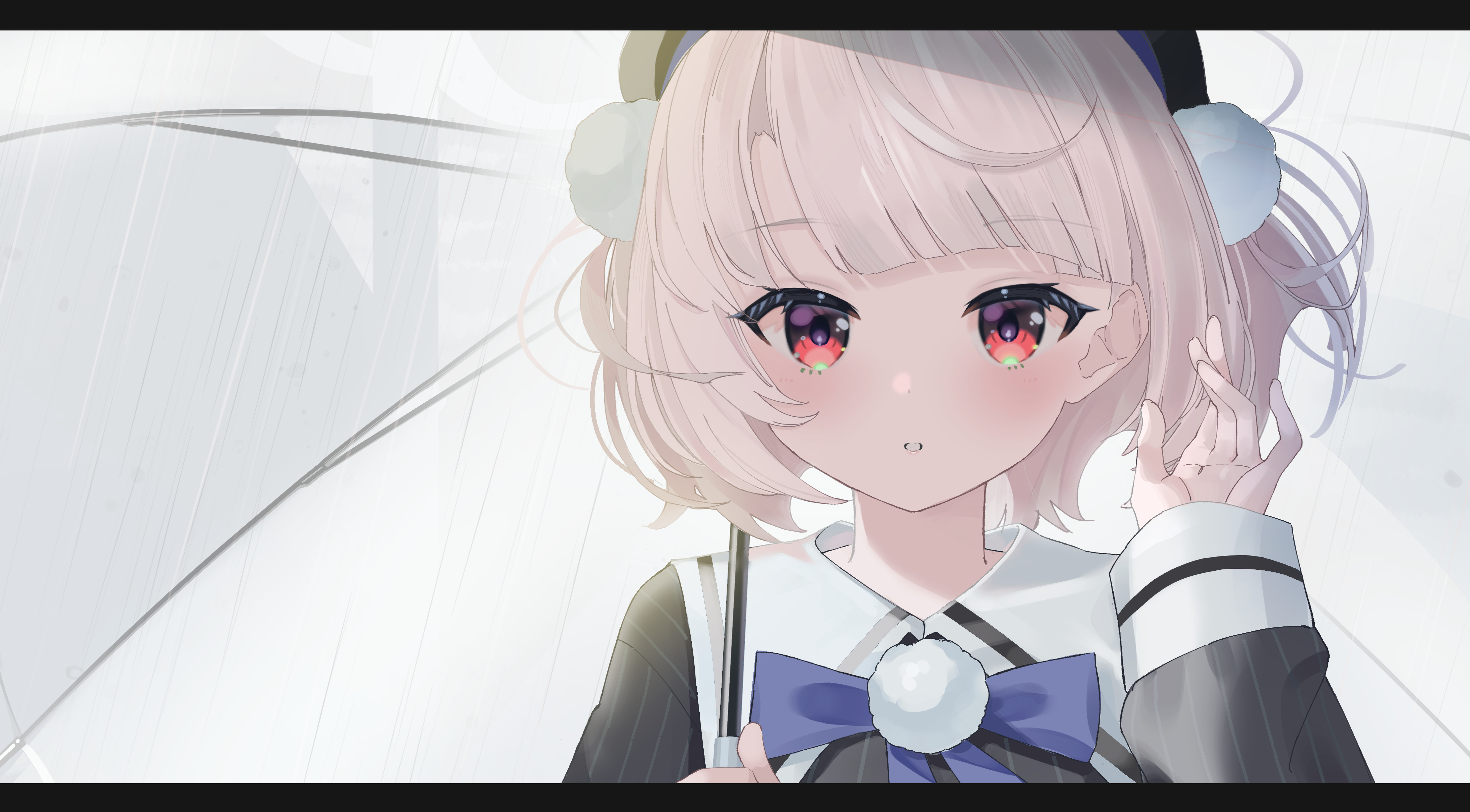 kyukouka p, ui (voisona), voisona, absurdres, commentary request, highres, 1girl, beret, black hat, black jacket, blue bow, blue bowtie, blunt bangs, blush, bow, bowtie, grey hair, hair ornament, hat, holding, holding umbrella, jacket, letterboxed, long sleeves, looking at viewer, parted lips, pinstripe jacket, pinstripe pattern, pom pom (clothes), pom pom hair ornament, red eyes, sailor collar, short hair, sleeve cuffs, solo, transparent, transparent umbrella, umbrella, upper body, white sailor collar, wrist cuffs
