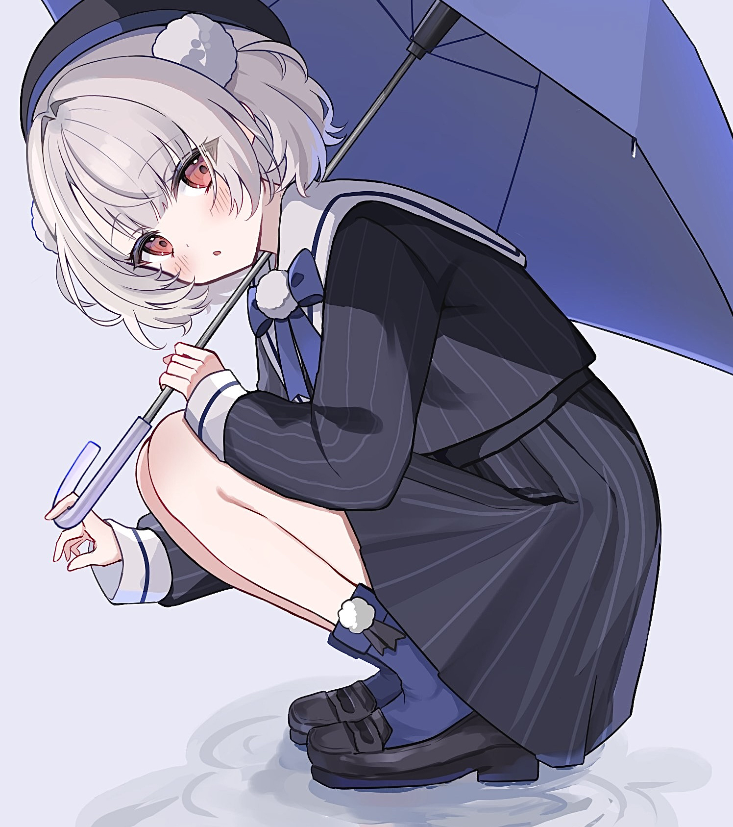 haruta 333 x, ui (voisona), voisona, commentary, english commentary, highres, 1girl, beret, black hat, black jacket, black shoes, black skirt, blue bow, blue bowtie, blue socks, blush, bow, bowtie, embarrassed, from side, grey hair, hair ornament, hat, holding, holding umbrella, jacket, loafers, long sleeves, looking at viewer, miniskirt, pinstripe jacket, pinstripe pattern, pleated skirt, pom pom (clothes), pom pom hair ornament, red eyes, ripples, sailor collar, shoes, short hair, skirt, sleeve cuffs, socks, solo, squatting, umbrella, white sailor collar, wrist cuffs