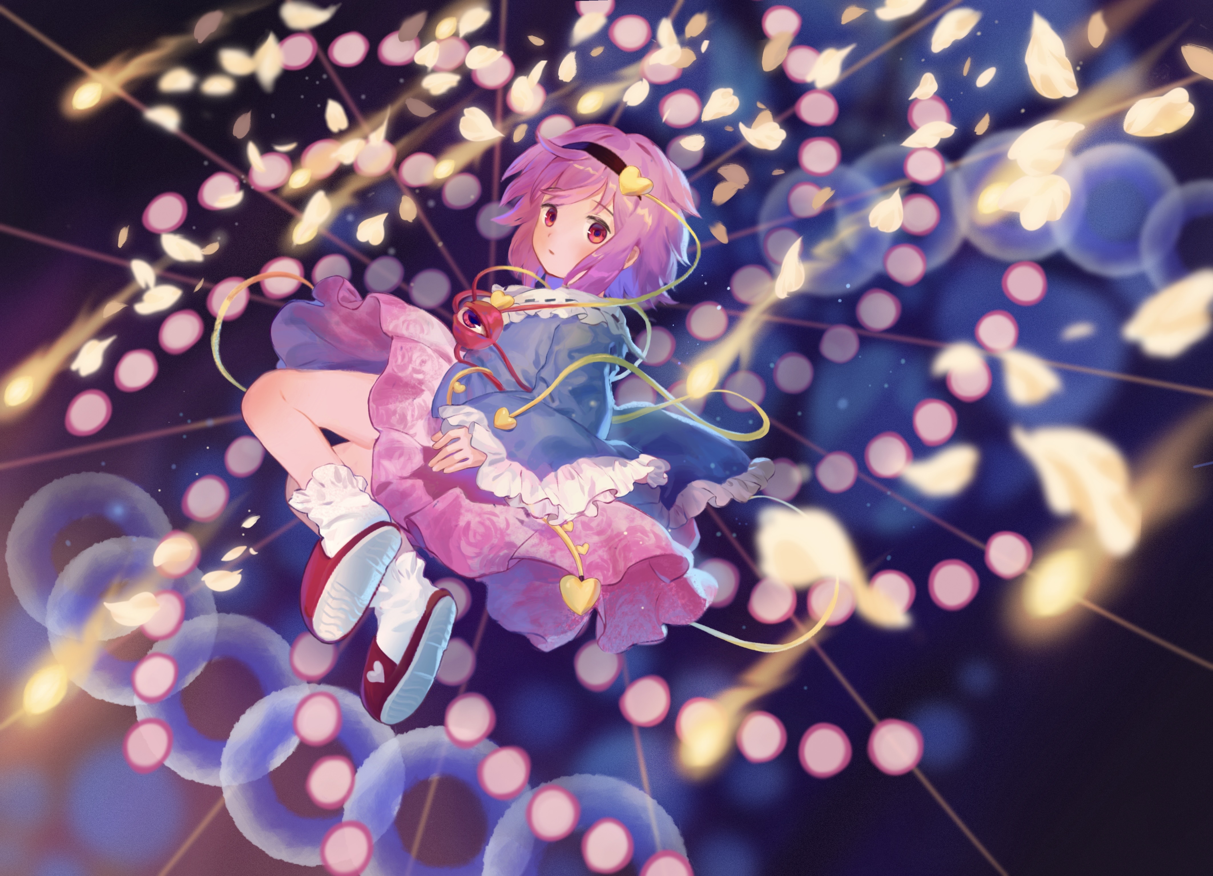 satellitedragon, komeiji satori, touhou, absurdres, chinese commentary, commentary request, highres, mixed-language commentary, 1girl, black hairband, blue shirt, blush, buttons, danmaku, eyeball, falling petals, floral print, frilled shirt collar, frilled sleeves, frills, hair ornament, hairband, heart, heart button, heart hair ornament, long sleeves, looking at viewer, petals, pink hair, pink skirt, print skirt, red eyes, red slippers, ribbon-trimmed collar, ribbon trim, rose print, shirt, skirt, slippers, socks, solo, third eye, white socks, yellow petals