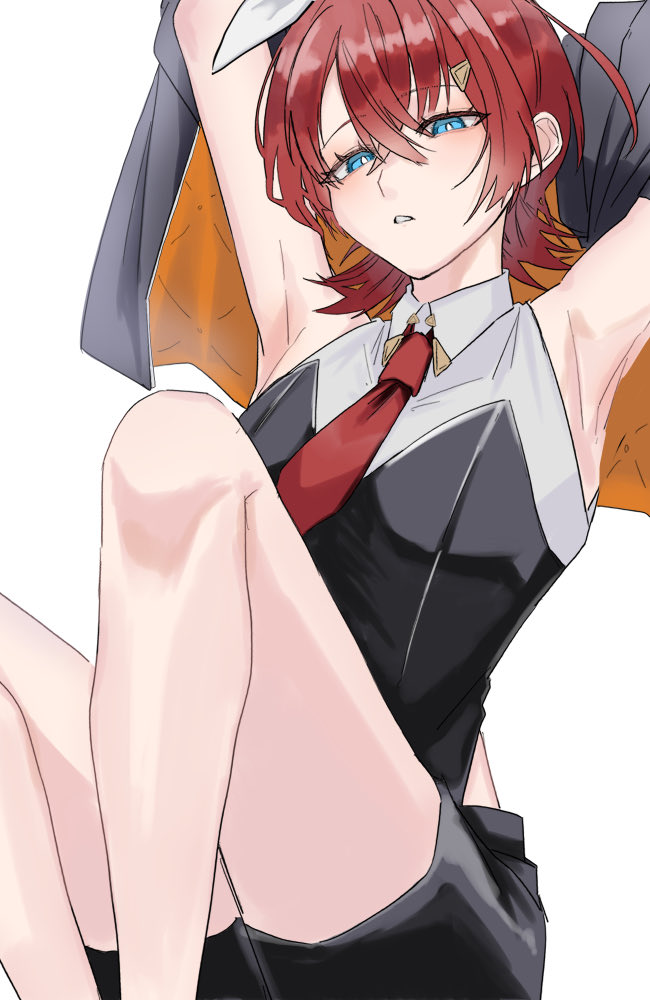 ange katrina, nijisanji, commentary request, armpits, arms up, bare legs, black jacket, black shirt, black shorts, blue eyes, blush, breasts, bright pupils, collared shirt, crossed bangs, eyelashes, feet out of frame, hair between eyes, hair ornament, half-closed eyes, halter shirt, halterneck, jacket, jacket partially removed, knees up, layered shirt, long bangs, looking at viewer, necktie, nontraditional playboy bunny, official alternate costume, orange jacket, parted lips, red hair, red necktie, shirt, shonimon, short hair, shorts, simple background, sitting, sleeveless, sleeveless shirt, small breasts, triangle hair ornament, two-sided fabric, two-sided jacket, virtual youtuber, white background, white pupils, white shirt, wolf cut