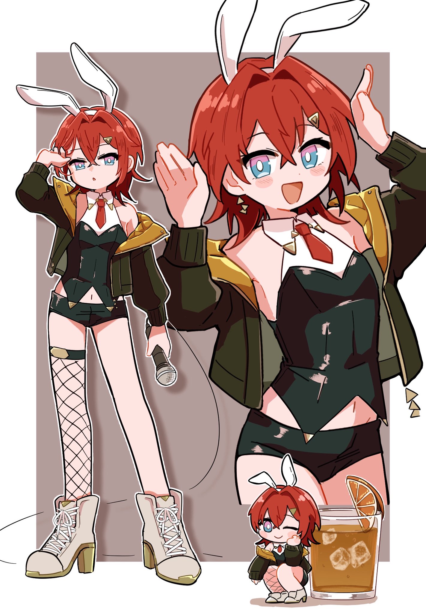 ange katrina, nijisanji, commentary request, highres, 1girl, :d, animal ear hairband, animal ears, ankle boots, bare shoulders, black shirt, black shorts, black thighhighs, blue eyes, blush stickers, boots, border, breasts, bright pupils, brown background, brown jacket, chibi, collared shirt, colored shoe soles, crossed bangs, cup, double-parted bangs, drink, drinking glass, drop shadow, earrings, fake animal ears, fishnet thighhighs, fishnets, food, fruit, gold earrings, hair between eyes, hair ornament, hairband, halter shirt, halterneck, hand up, hands up, high heel boots, high heels, holding, holding microphone, ice, ice cube, jacket, jewelry, lace-up boots, layered shirt, long sleeves, looking at viewer, medium hair, micro shorts, microphone, multicolored eyes, multiple views, navel, necktie, nontraditional playboy bunny, off shoulder, official alternate costume, open clothes, open jacket, open mouth, orange (fruit), orange jacket, orange slice, outline, outside border, purple eyes, quilted jacket, rabbit ear hairband, rabbit ears, rabbit pose, red hair, red necktie, shirt, short necktie, shorts, single earring, single thighhigh, sleeveless, sleeveless shirt, small breasts, smile, temtem39000, thighhighs, triangle earrings, triangle hair ornament, two-sided fabric, two-sided jacket, two-tone eyes, virtual youtuber, white boots, white border, white outline, white pupils, white shirt