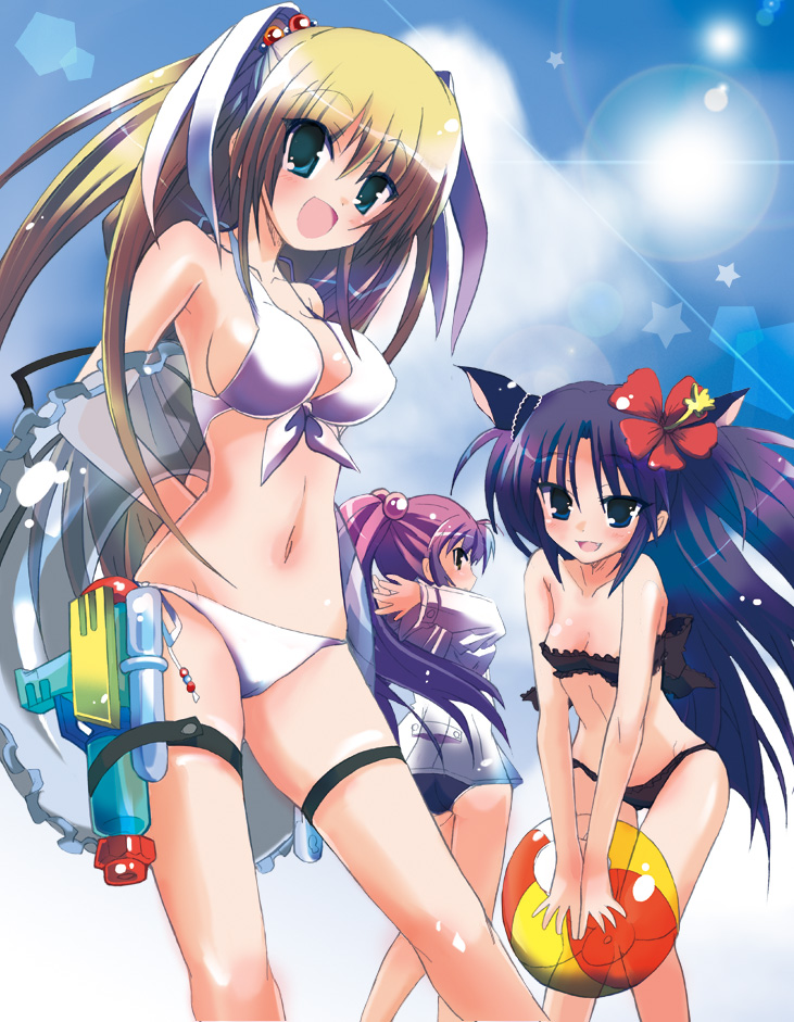 hizuki yayoi, saigusa haruka, sasasegawa sasami, tokido saya, little busters!, bad id, bad pixiv id, 3girls, bikini, day, flower, hibiscus, multiple girls, swimsuit, thigh strap, water gun