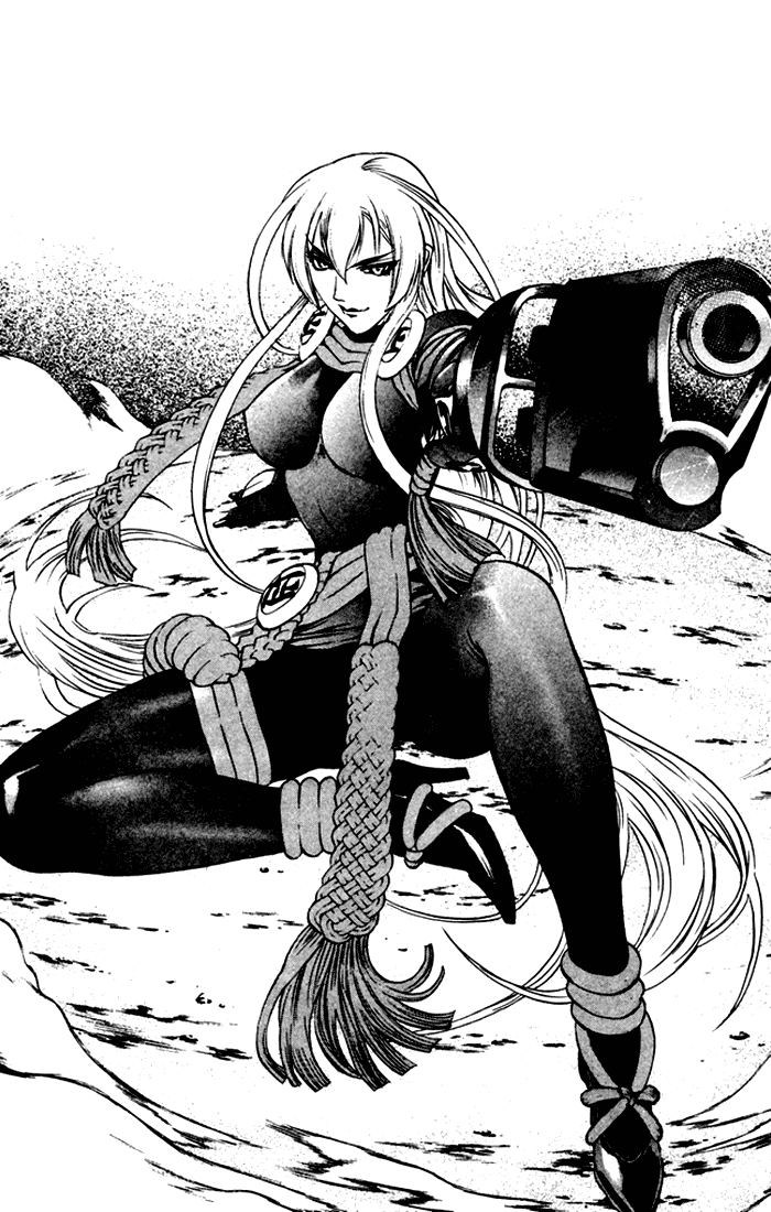 katakura masanori, kurohime, mahou tsukai kurohime, bodysuit, breasts, comic, greyscale, gun, high heels, large breasts, legs, long hair, long legs, monochrome, pantyhose, shoes, smile, solo, thighs, very long hair, weapon
