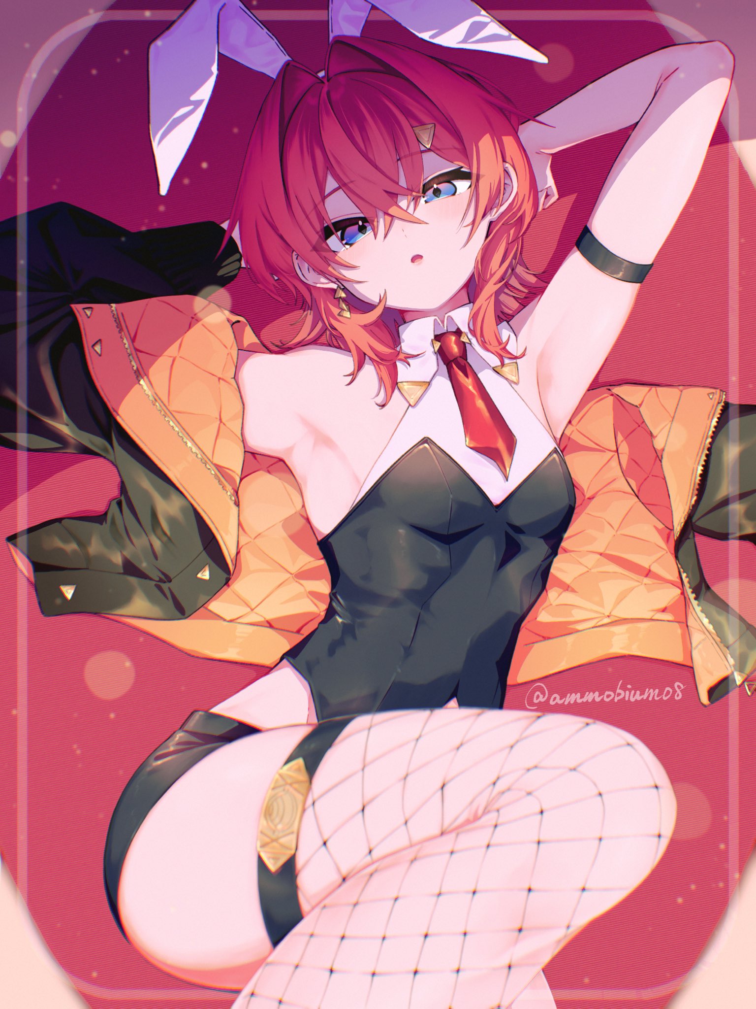 ayuko ammobium, ange katrina, nijisanji, commentary, english commentary, highres, 1girl, animal ear hairband, animal ears, arm strap, armpit focus, armpits, arms up, black jacket, black shirt, black shorts, black thighhighs, blue eyes, blurry, breasts, collared shirt, crossed bangs, depth of field, earrings, fake animal ears, feet out of frame, fishnet thighhighs, fishnets, from above, gold earrings, gradient eyes, hair between eyes, hair intakes, hair ornament, hairband, halter shirt, halterneck, jacket, jacket partially removed, jewelry, knee up, layered shirt, light particles, long bangs, long sleeves, looking at viewer, looking up, lying, medium hair, multicolored eyes, necktie, nontraditional playboy bunny, official alternate costume, on back, open mouth, orange jacket, purple eyes, quilted jacket, rabbit ear hairband, rabbit ears, red background, red hair, red necktie, shirt, short necktie, shorts, single earring, single thighhigh, sleeveless, sleeveless shirt, small breasts, solo, thighhighs, triangle earrings, triangle hair ornament, twitter username, two-sided fabric, two-sided jacket, virtual youtuber, white shirt