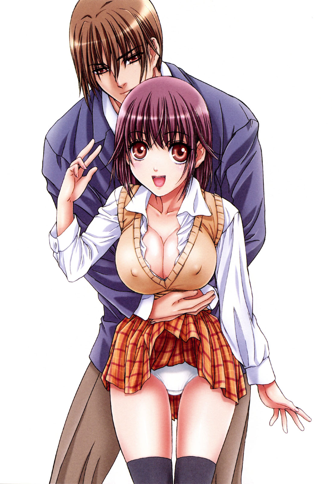 nanno koto, original, highres, 1boy, 1girl, breasts, brown eyes, cleavage, cling, couple, covered erect nipples, happy, hetero, hug, large breasts, miniskirt, panties, pantyshot, plaid clothes, plaid skirt, purple hair, red eyes, short hair, skirt, smile, sweater vest, thigh gap, thighhighs, thighs, underwear, upskirt, white panties