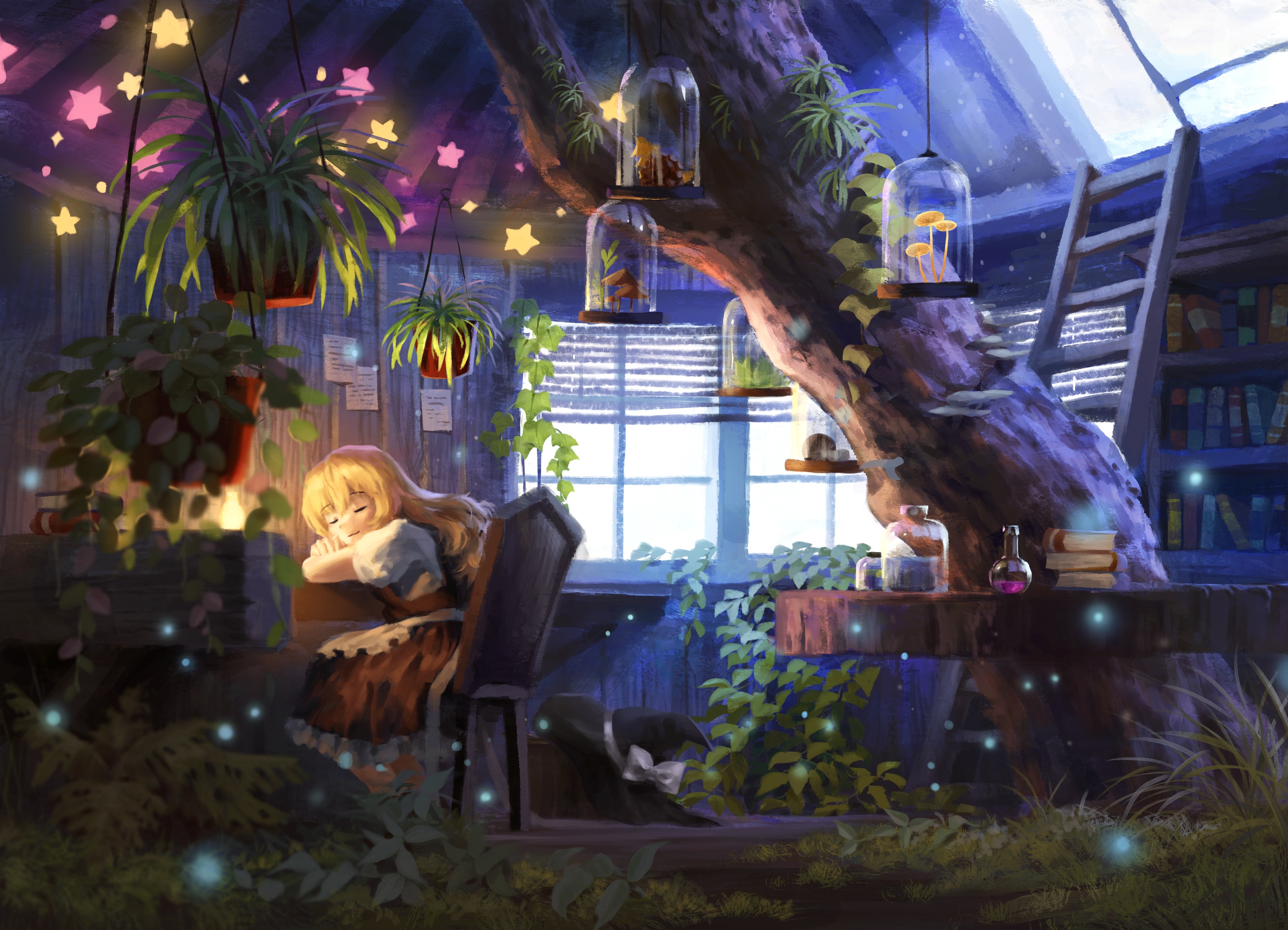 satellitedragon, kirisame marisa, touhou, absurdres, chinese commentary, commentary request, highres, mixed-language commentary, 1girl, apron, black hat, black skirt, black vest, blonde hair, book, bookshelf, bow, chair, closed eyes, closed mouth, flask, hanging plant, hat, hat bow, indoors, ladder, long hair, mushroom, no headwear, on chair, plant, potion, potted plant, puffy short sleeves, puffy sleeves, round-bottom flask, short sleeves, skirt, sleeping, solo, star (symbol), table, tree, unworn hat, unworn headwear, vest, waist apron, white apron, white bow, witch hat