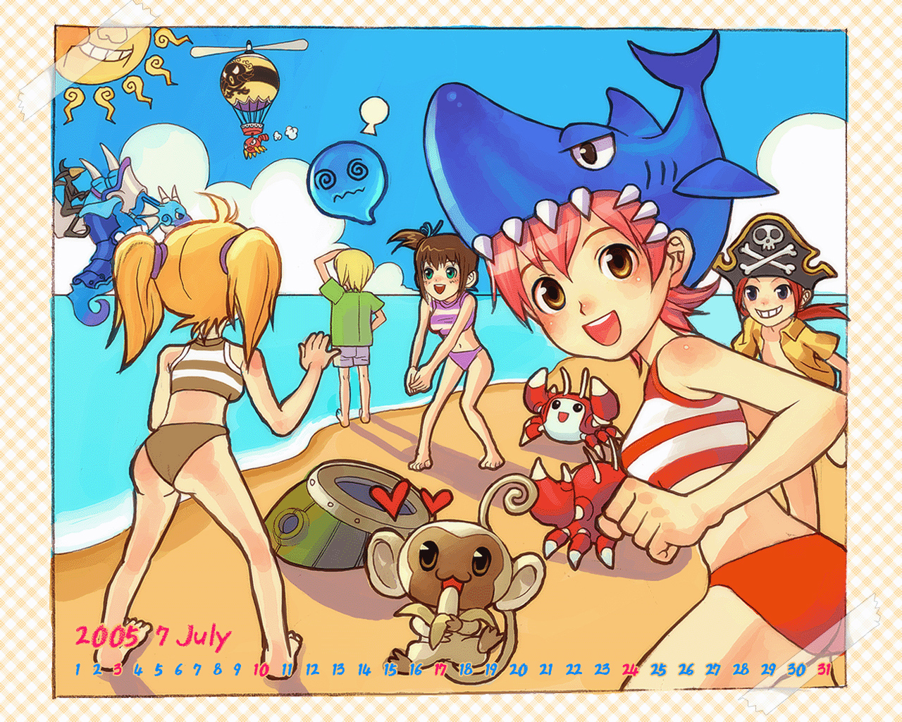 asgard, nexon, artist request, official art, official wallpaper, second-party source, 2005, :d, aircraft, aqua eyes, aqua ribbon, banana, beach, bikini, black hat, blue hat, blue sky, blush, bone print, border, brown bikini, calendar (medium), closed mouth, cloud, collared shirt, crab, cumulonimbus cloud, dated, day, eating, food, fruit, green shirt, green sleeves, grey shorts, hair ribbon, hair tie, hat, heart, holding, holding food, hot air balloon, july, long hair, looking at viewer, medium hair, monster, multicolored bikini, navel, open clothes, open mouth, open shirt, pink hair, pirate hat, plaid border, ponytail, print hat, purple bikini, red bikini, red hair, ribbon, sand, shark hat, shirt, short hair, shorts, skull and crossbones, skull print, sky, smile, striped bikini, striped clothes, sun, swimsuit, tape, teeth, toes, tongue, twintails, two-tone bikini, upper teeth only, water, white bikini, white fur, wing collar, yellow eyes, yellow shirt, yellow sleeves