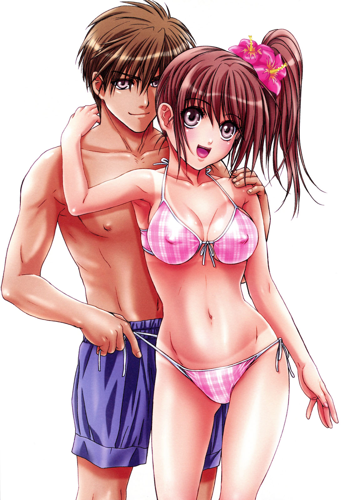 nanno koto, original, highres, 1boy, 1girl, :d, armpits, bikini, bikini tan, blue male swimwear, blue swim trunks, blush, breasts, brown hair, couple, covered erect nipples, flower, groin, hair flower, hair ornament, happy, hetero, hibiscus, hibiscus hair ornament, large breasts, looking at viewer, male swimwear, open mouth, pink bikini, pink hair, plaid bikini, plaid clothes, print bikini, print swimsuit, side-tie bikini bottom, side ponytail, simple background, smile, smirk, strap lift, swim trunks, swimsuit, tan, tanline, white background