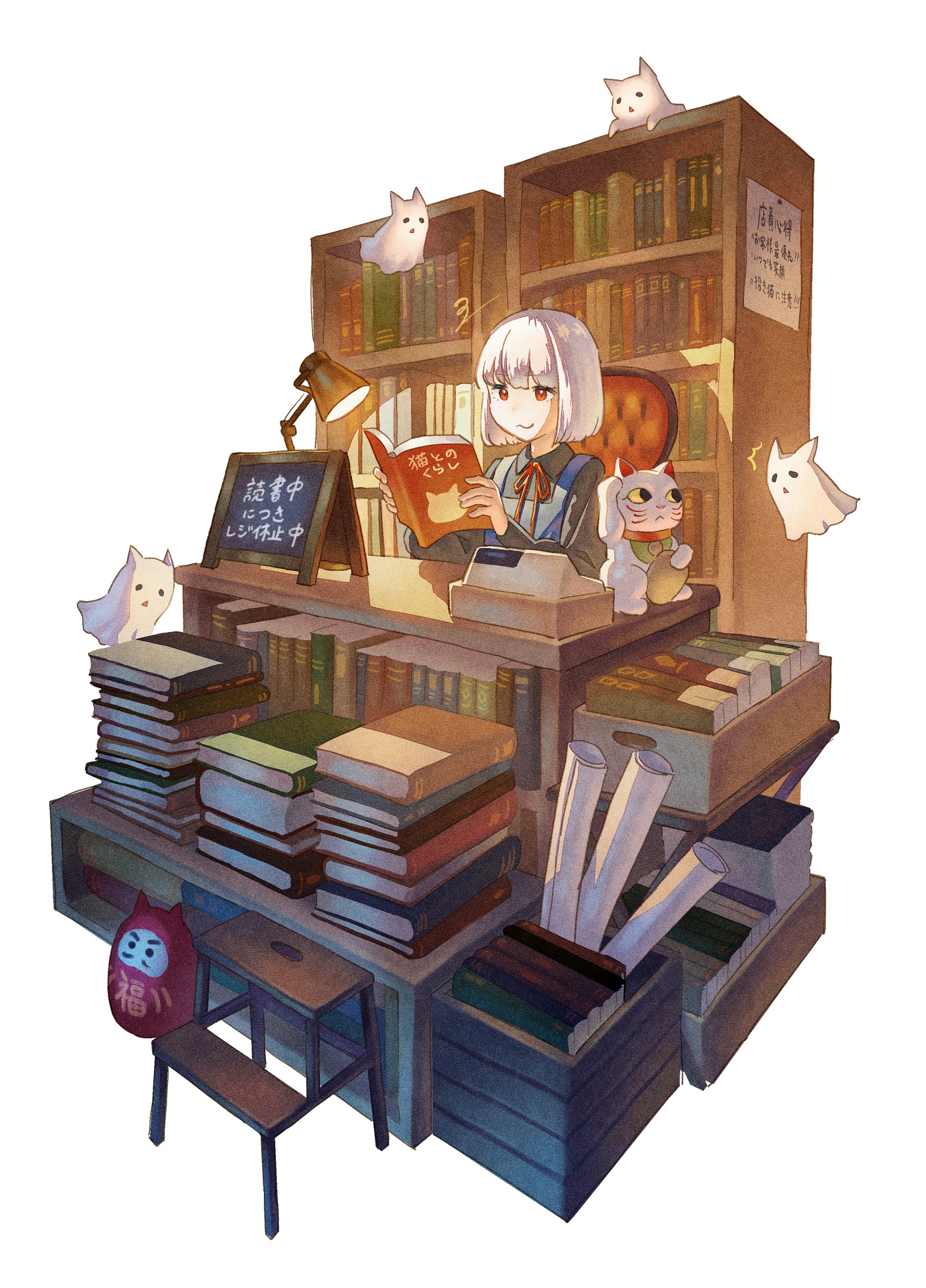 ito yoshi, original, absurdres, commentary request, highres, 1girl, black shirt, book, bookshelf, cash register, chair, chalkboard sign, closed mouth, collared shirt, desk lamp, film grain, ghost, grey hair, hands up, holding, holding book, lamp, long sleeves, maneki-neko, on chair, pile of books, reading, red eyes, shirt, short hair, signature, simple background, slice of life, smile, white background, wing collar