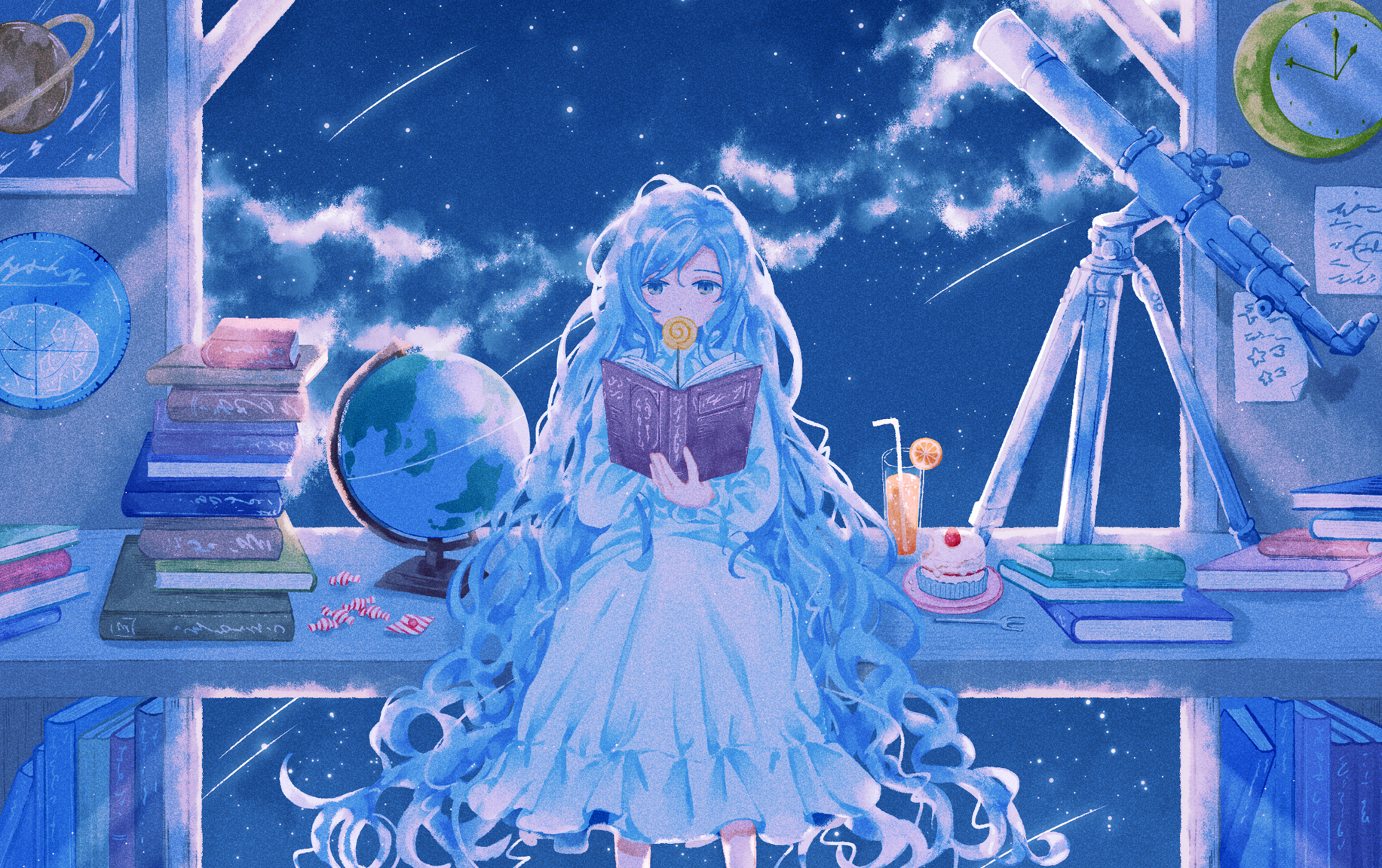 yanagima yu03, original, highres, 1girl, blue eyes, book, cake, candy, clock, cloud, eating, food, holding, holding book, juice, lollipop, long hair, night, night sky, reading, shooting star, side part, sitting, sky, solo, star (sky), telescope, very long hair