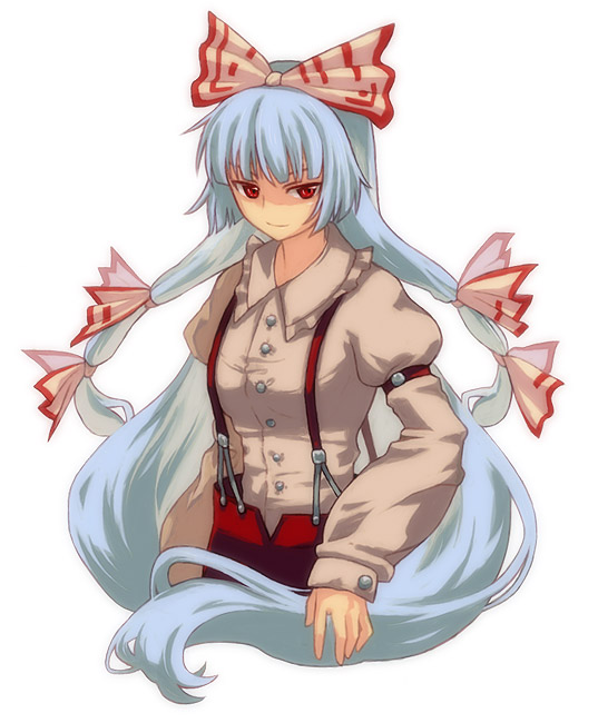 mimana, fujiwara no mokou, touhou, 1girl, blue hair, bow, female focus, hair bow, long hair, multiple hair bows, red eyes, simple background, solo, suspenders, white background
