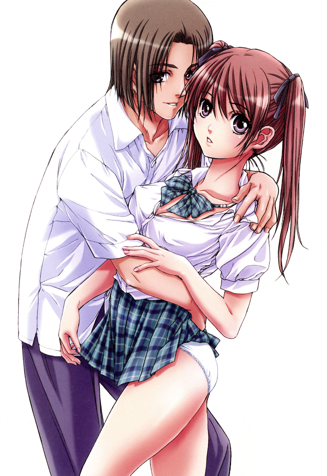 nanno koto, original, plaid neckwear, highres, 1boy, 1girl, bow, bowtie, breasts, brown hair, clothes lift, couple, covered erect nipples, hair ribbon, hetero, hip focus, hug, long hair, looking at viewer, medium breasts, panties, pink hair, plaid bow, plaid bowtie, plaid clothes, plaid ribbon, plaid skirt, purple eyes, ribbon, simple background, skirt, skirt lift, thighs, twintails, underwear, white background, white panties