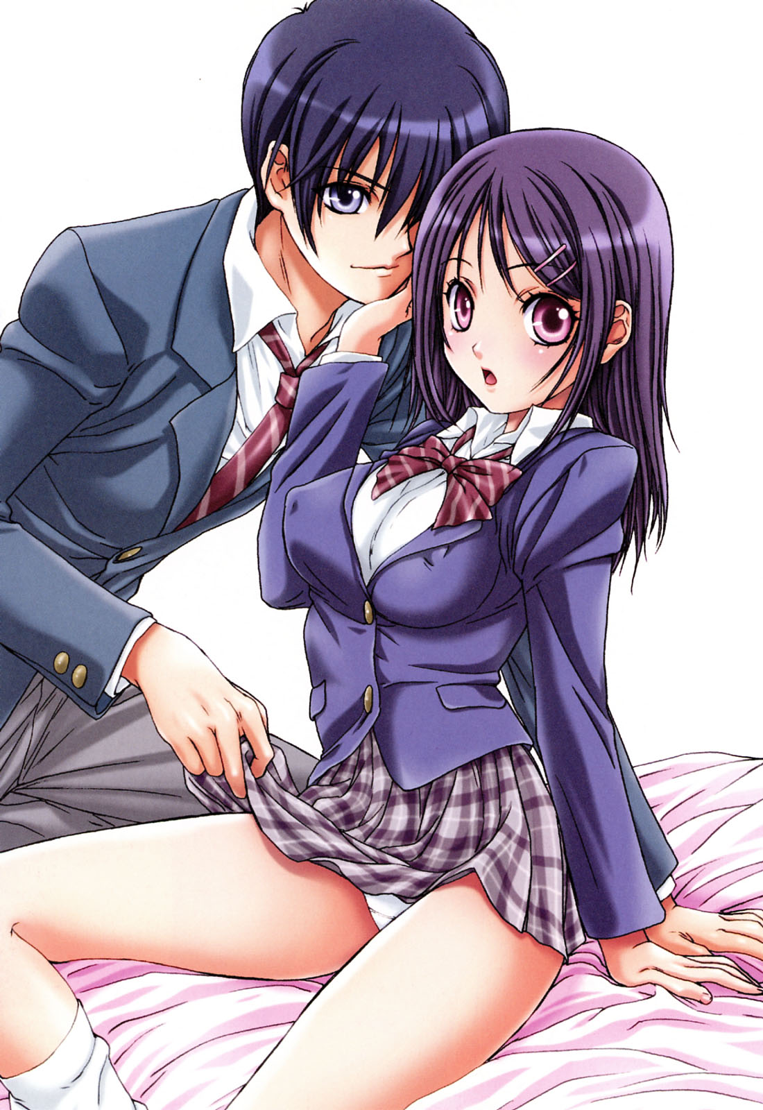 nanno koto, original, highres, 1boy, 1girl, bed sheet, blazer, blue eyes, blue hair, blush, bow, breasts, clothes lift, couple, covered erect nipples, hair ornament, hairclip, hairpin, hetero, jacket, large breasts, legs, long hair, miniskirt, panties, pantyshot, pink eyes, plaid clothes, plaid skirt, purple hair, ribbon, school uniform, skirt, skirt lift, striped ribbon, thighs, underwear, white panties