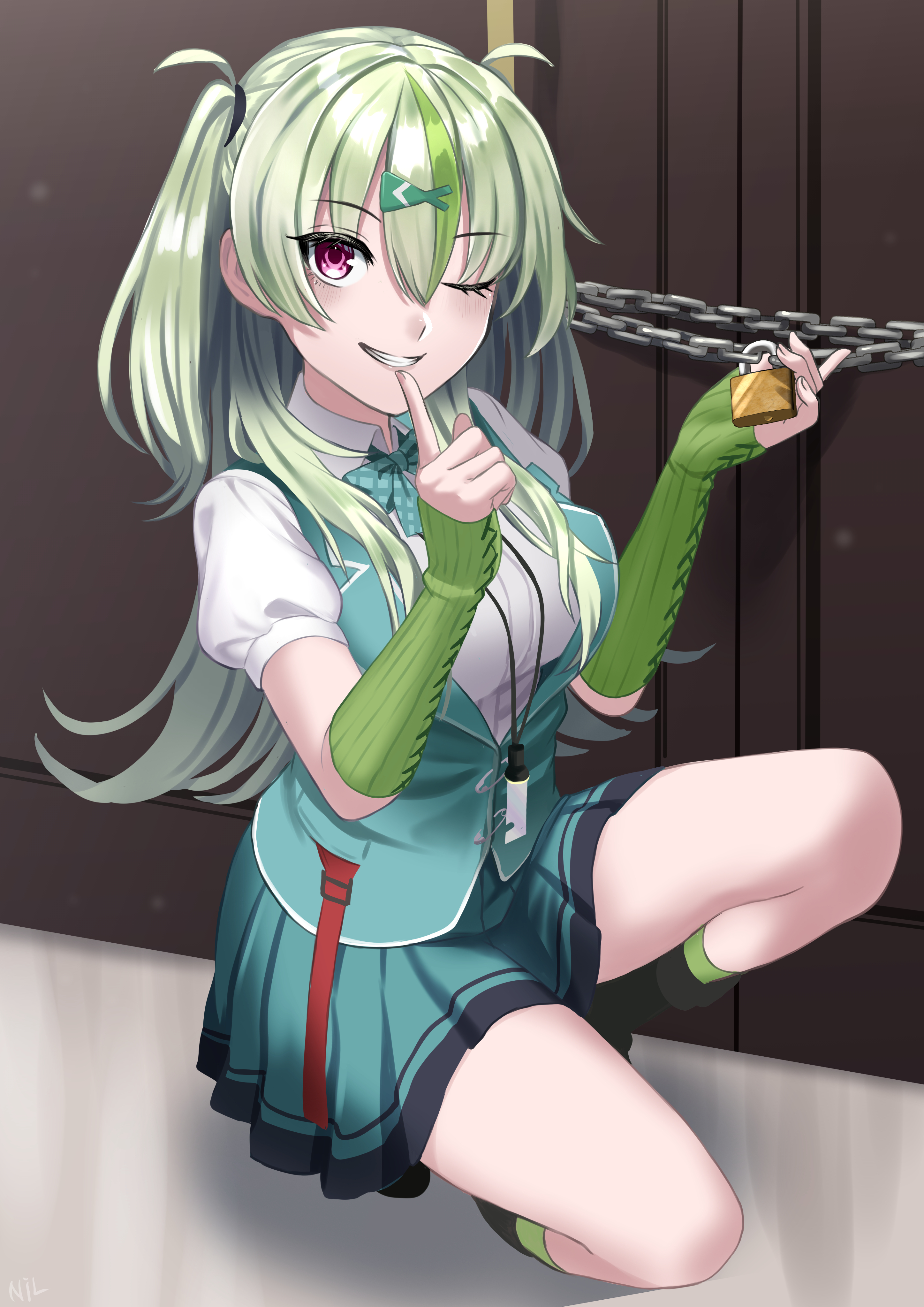 nil (pixiv 53614557), ooshima isuzu, heaven burns red, absurdres, highres, 1girl, aqua skirt, arm warmers, blue skirt, blue vest, bow, bowtie, breasts, chain, collared shirt, detached sleeves, finger to mouth, gloves, green bow, green gloves, green hair, green socks, green vest, grin, hair between eyes, hair ornament, hairclip, holding, holding key, index finger raised, indoors, key, lock, long hair, looking at viewer, miniskirt, multicolored hair, on one knee, one eye closed, padlock, pink eyes, plaid bow, pleated skirt, puffy short sleeves, puffy sleeves, red eyes, school uniform, shirt, short sleeves, shushing, skirt, smile, socks, solo, streaked hair, teeth, two side up, vest, whistle, whistle around neck, white shirt, x hair ornament