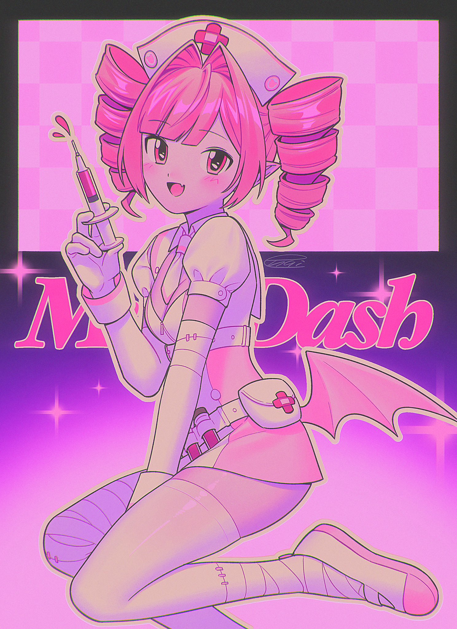 menma (enaic31), buro (muse dash), buro (nocturne bloodheir) (muse dash), muse dash, hashtag-only commentary, highres, 1girl, blunt bangs, copyright name, dress, drill hair, elbow gloves, fang, gloves, hat, holding, holding syringe, looking at viewer, low wings, microdress, necktie, nurse cap, open mouth, pink eyes, pink hair, pink theme, puffy short sleeves, puffy sleeves, shoes, short sleeves, skin fang, syringe, thighhighs, tsurime, twin drills, uwabaki, white dress, white gloves, white necktie, white shoes, white thighhighs, wings, zettai ryouiki